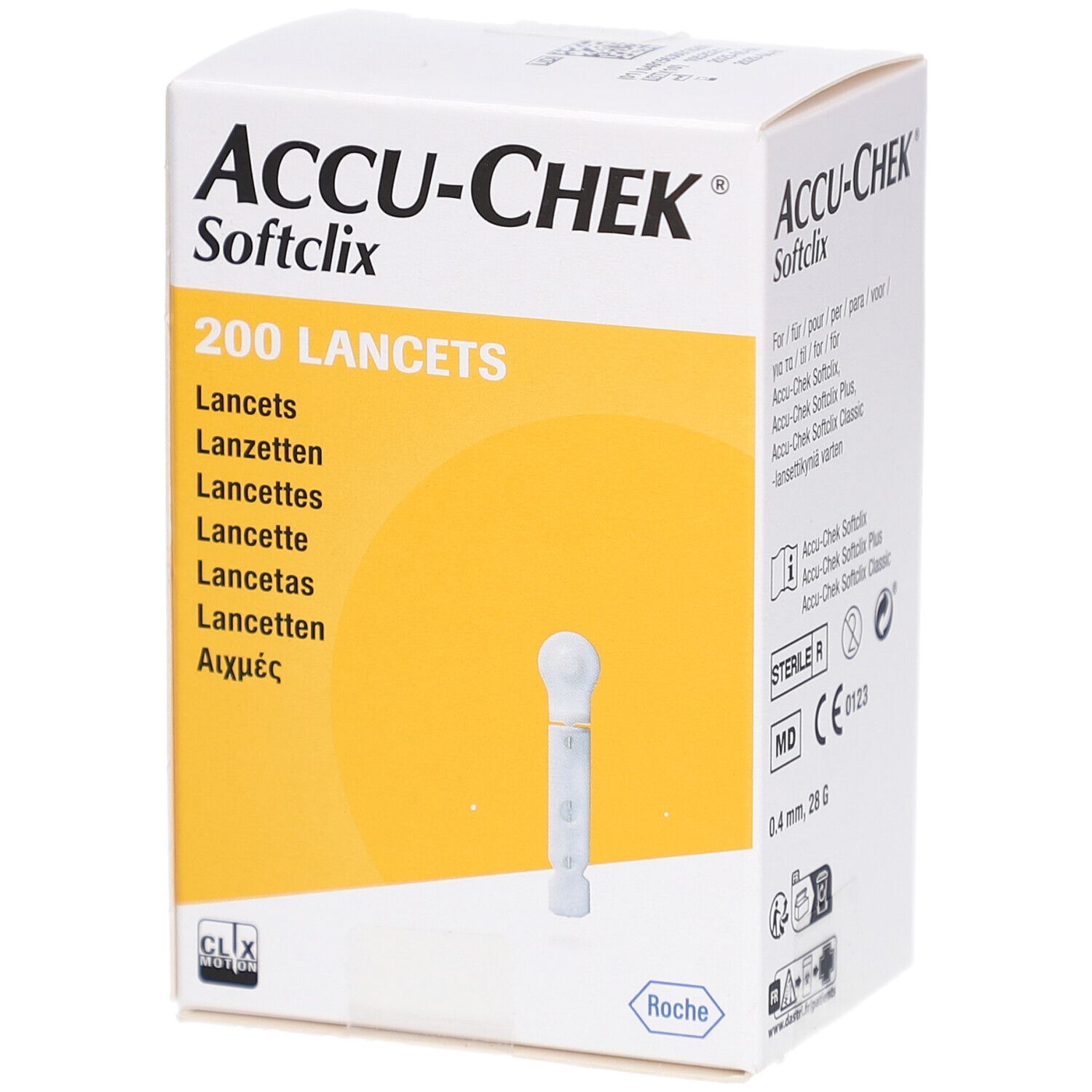 Schachtel mit ACCU-CHEK Softclix Lanzetten. Aufdruck: 200 Lanzetten. Einzelne Lanzette abgebildet.