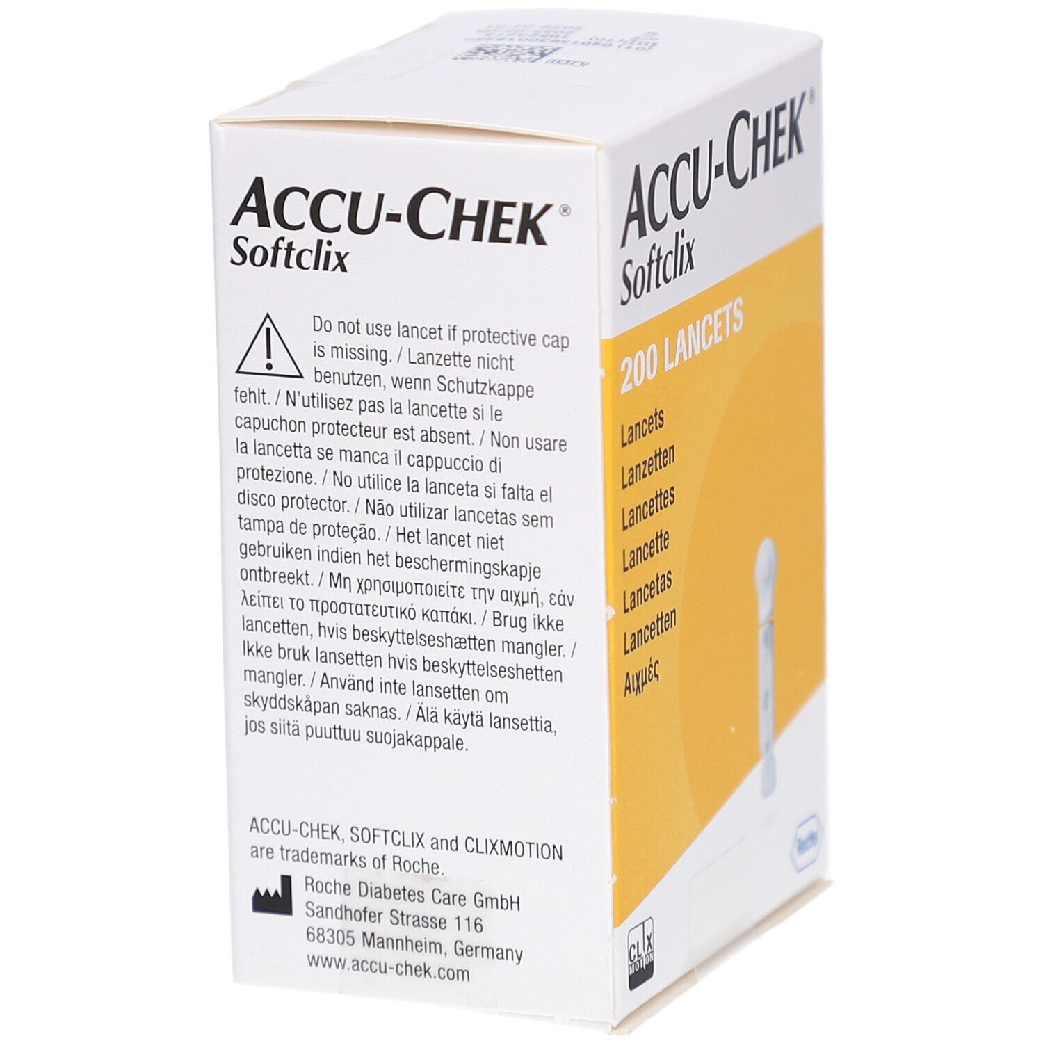 Verpackung von ACCU-CHEK Softclix Lanzetten. Warnhinweis. Aufdruck: 200 Lanzetten. Einzelne Lanzette abgebildet.