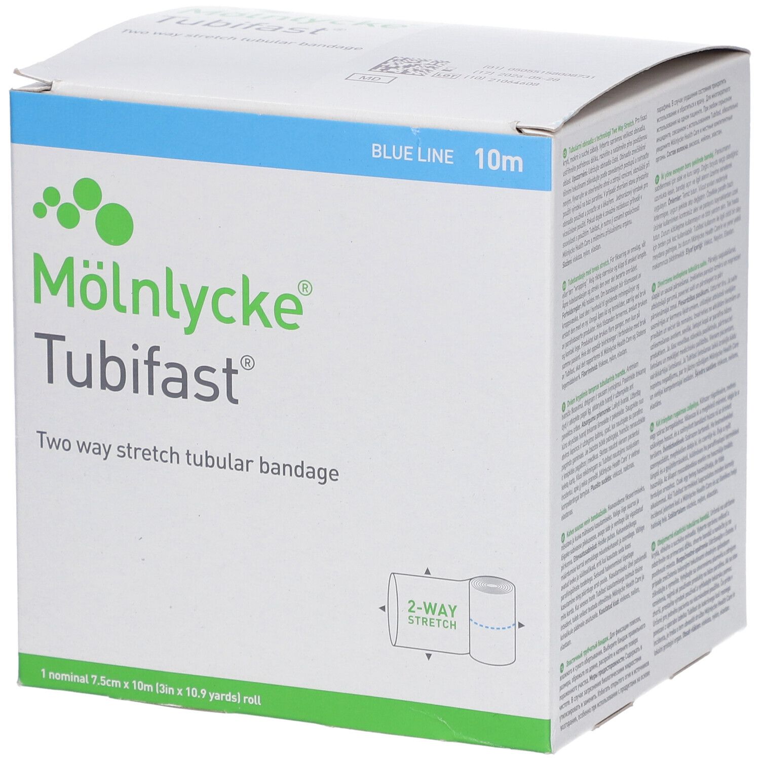 Verpackung von Tubifast. Weißer Karton mit blauem Deckel. Aufschrift: Mölnlycke Tubifast, Two way stretch tubular bandage. 7,5 cm x 10 m.