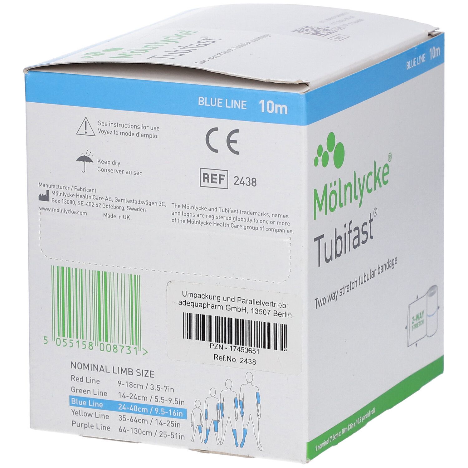 Rückseite der Tubifast-Verpackung. Enthält Informationen, darunter CE-Kennzeichnung, Herstelleradresse und eine Tabelle mit Größenangaben.