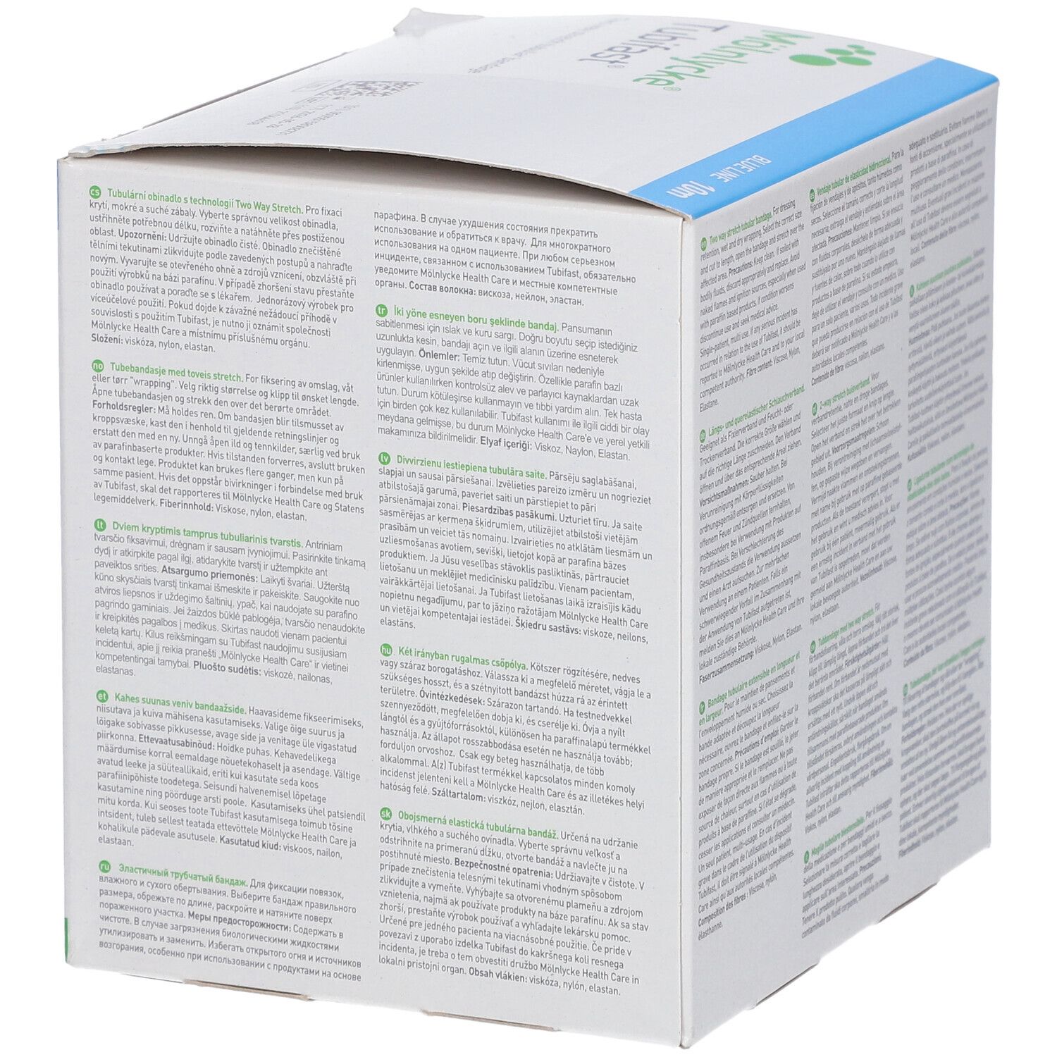 Seite der Tubifast-Verpackung. Text in mehreren Sprachen. Enthält Informationen zur Anwendung und Inhaltsstoffe des Produkts.