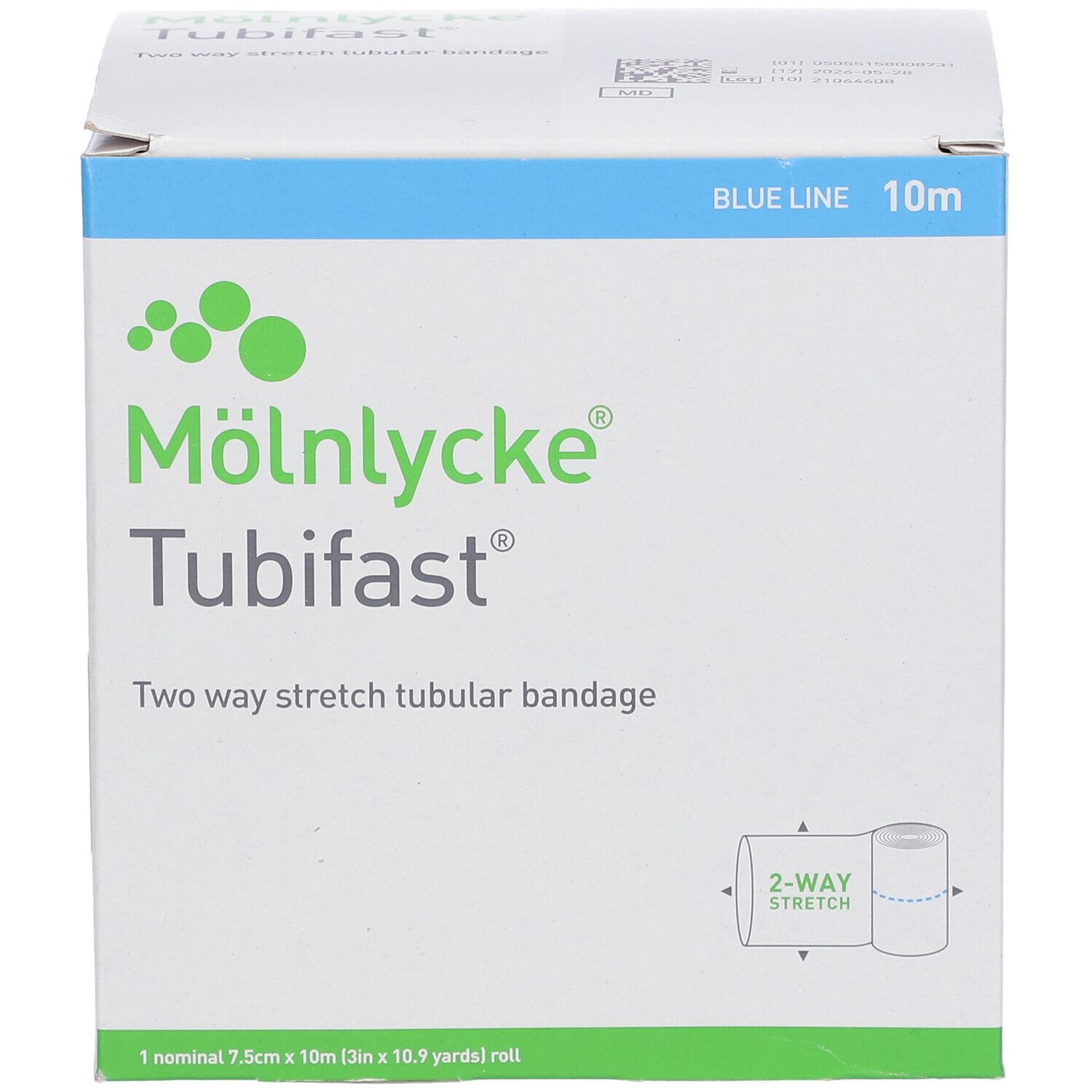 Vorderseite der Tubifast-Verpackung. Weißer Karton mit blauem Deckel. Aufschrift: Mölnlycke Tubifast, Two way stretch tubular bandage. 7,5 cm x 10 m.