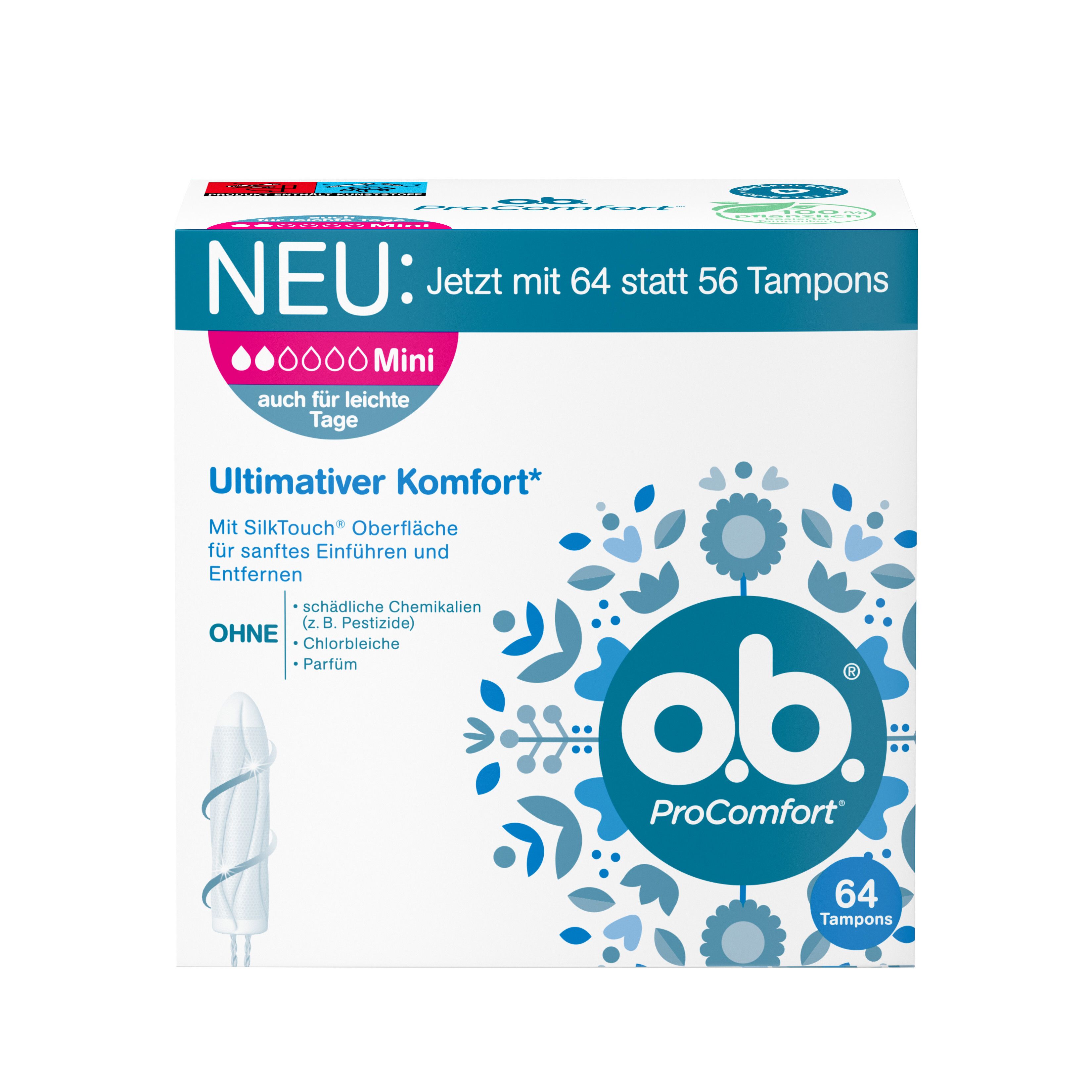 O.B. ProComfort Mini Tampon-Packung. 64 Tampons. "Neu: Jetzt mit 64 statt 56 Tampons". Ohne schädliche Chemikalien, Chlorbleiche, Parfum.
