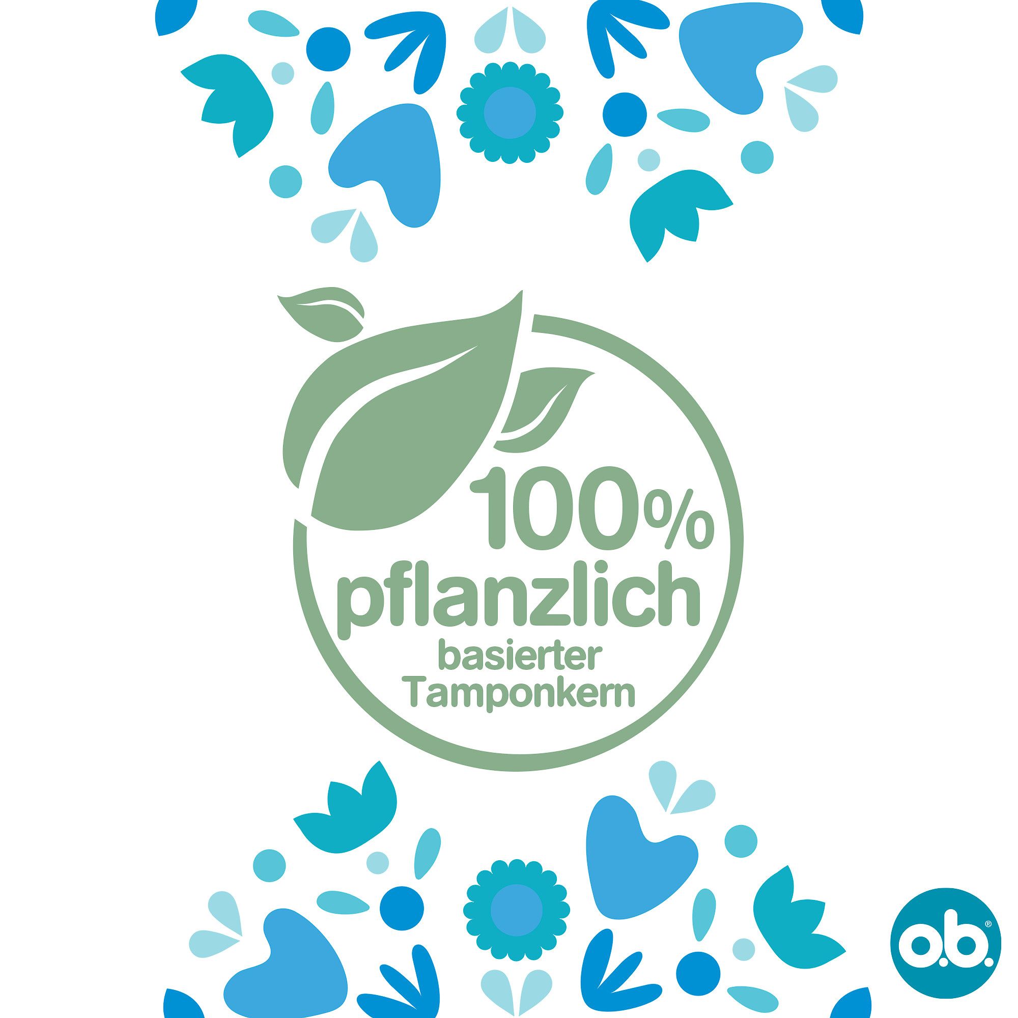 Kreisförmiges Logo mit grünen Blättern. Text: 100% pflanzlich basierter Tamponkern. Blaue Blüten.