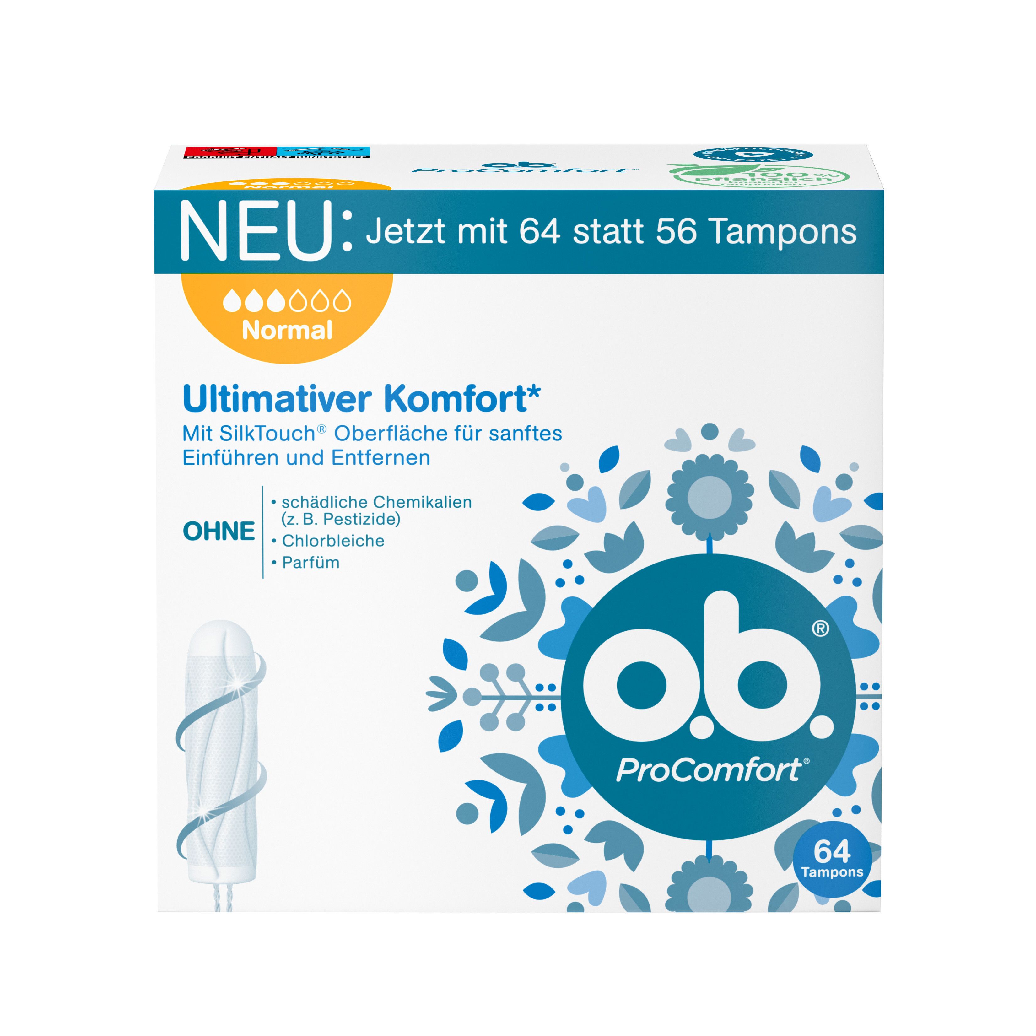 Packung O.B. ProComfort Normal, 64 Tampons. Text: Neu, Ult. Komfort, ohne Schadstoffe. Logo O.B.