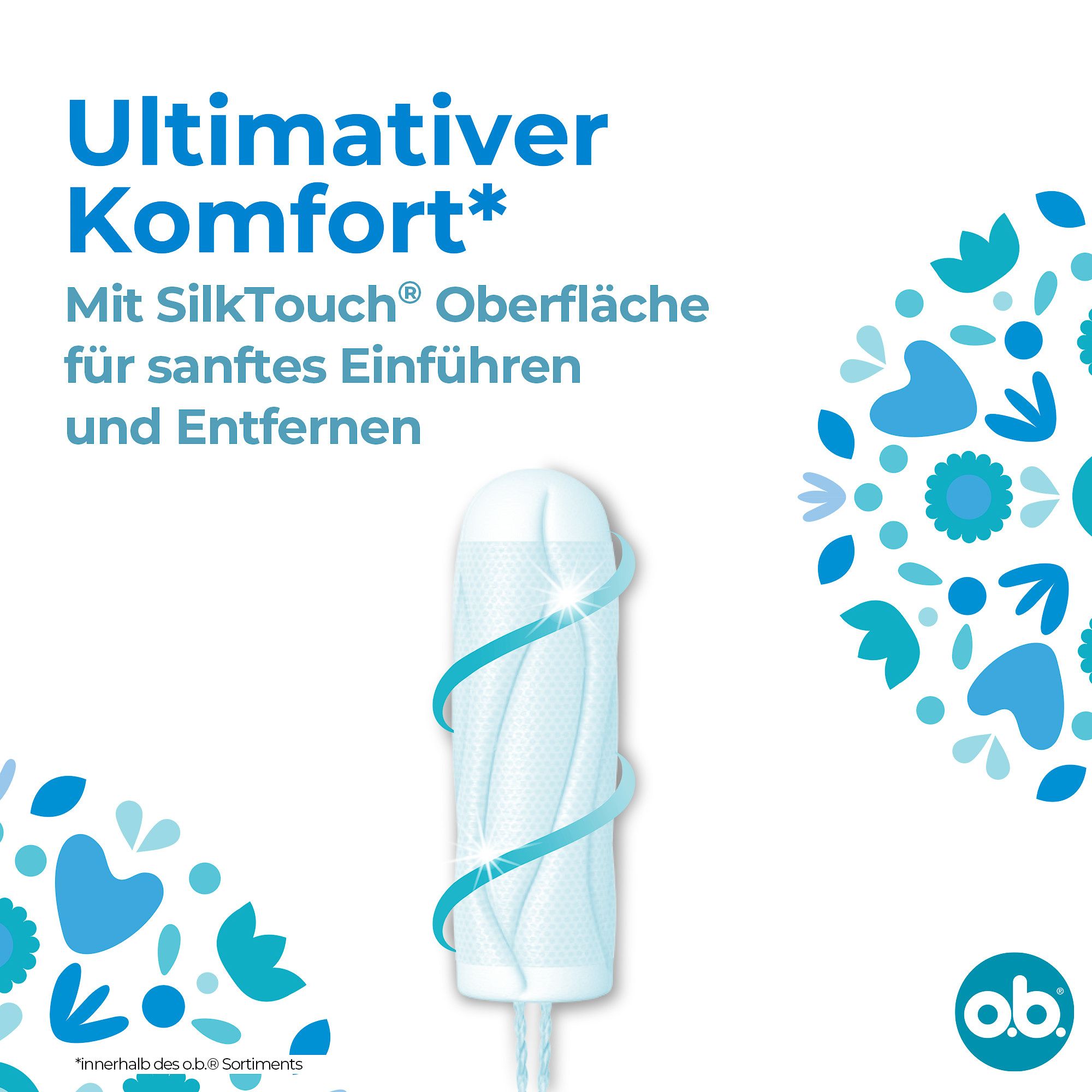Tampon O.B. ProComfort. Text: Ult. Komfort, SilkTouch Oberfläche. Logo O.B. Blauer Hintergrund mit Blumen.