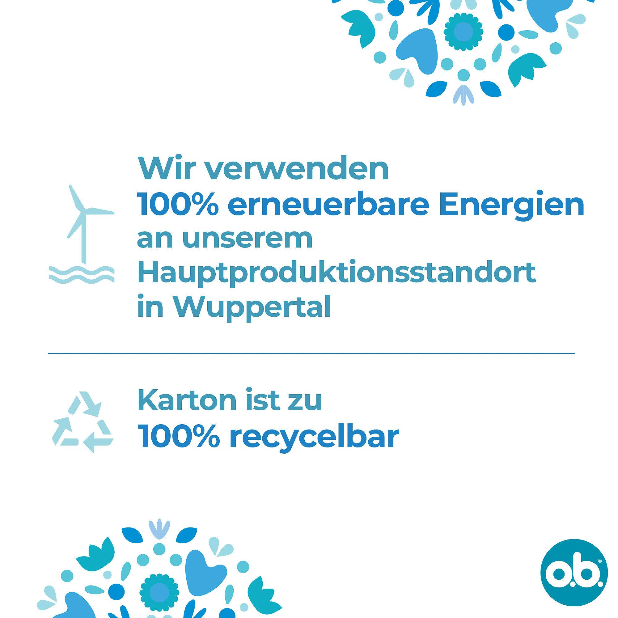 Text: Wir verwenden 100% erneuerbare Energien. Karton ist zu 100% recycelbar. Logo O.B. Hintergrund mit Blumen.