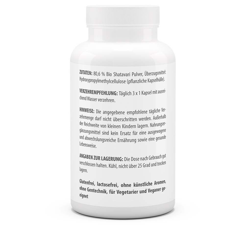 Rückseite der weißen Flasche. Text: Zutaten, Verzehrempfehlung, Hinweise, Angaben zur Lagerung. Glutenfrei, vegan.