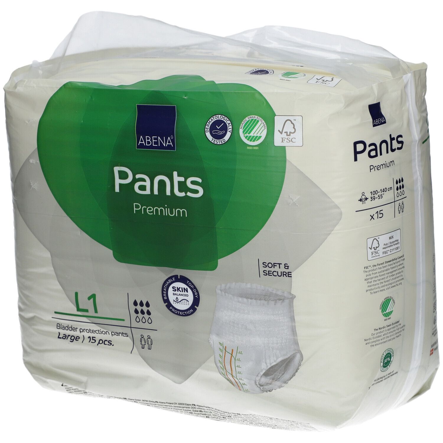 Verpackung mit Abena Pants Premium. Grüne und weiße Verpackung. FSC-Zertifizierung. L1, 15 Stück. Weich & sicher.