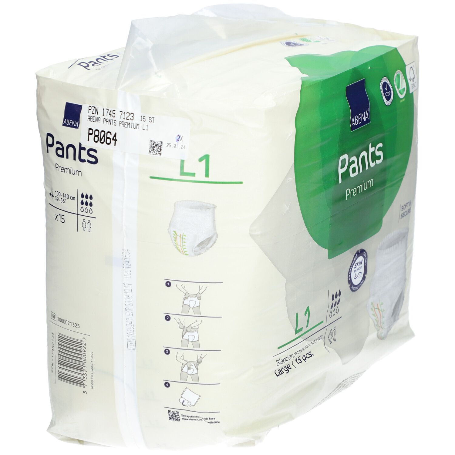 Verpackung Abena Pants Premium. L1, 15 Stück. Abbildung der Pants. FSC-Zertifizierung. Anweisungen zur Verwendung.