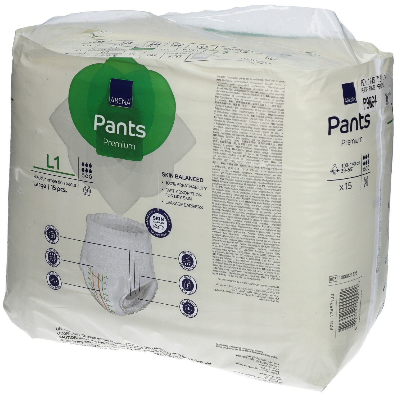 Verpackung Abena Pants Premium. L1, 15 Stück. Skin Balanced. 100% Atmungsaktivität. Auslaufsperren.