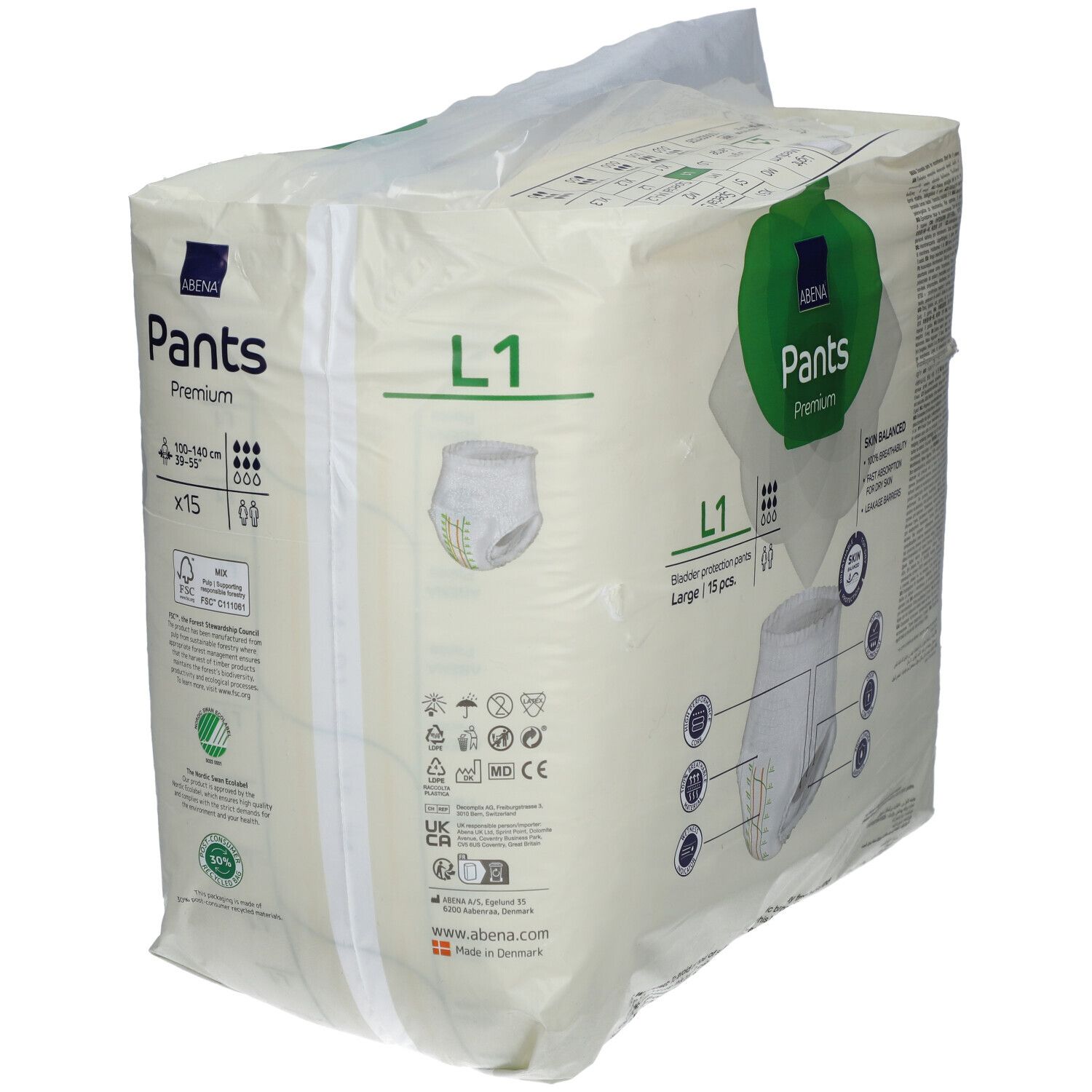 Verpackung Abena Pants Premium. L1, 15 Stück. FSC-Zertifizierung. Abbildung der Pants. Made in Denmark.