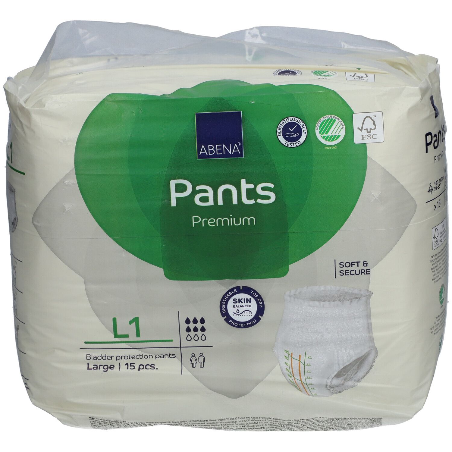 Verpackung Abena Pants Premium. Grüne und weiße Verpackung. FSC-Zertifizierung. L1, 15 Stück. Weich & sicher.