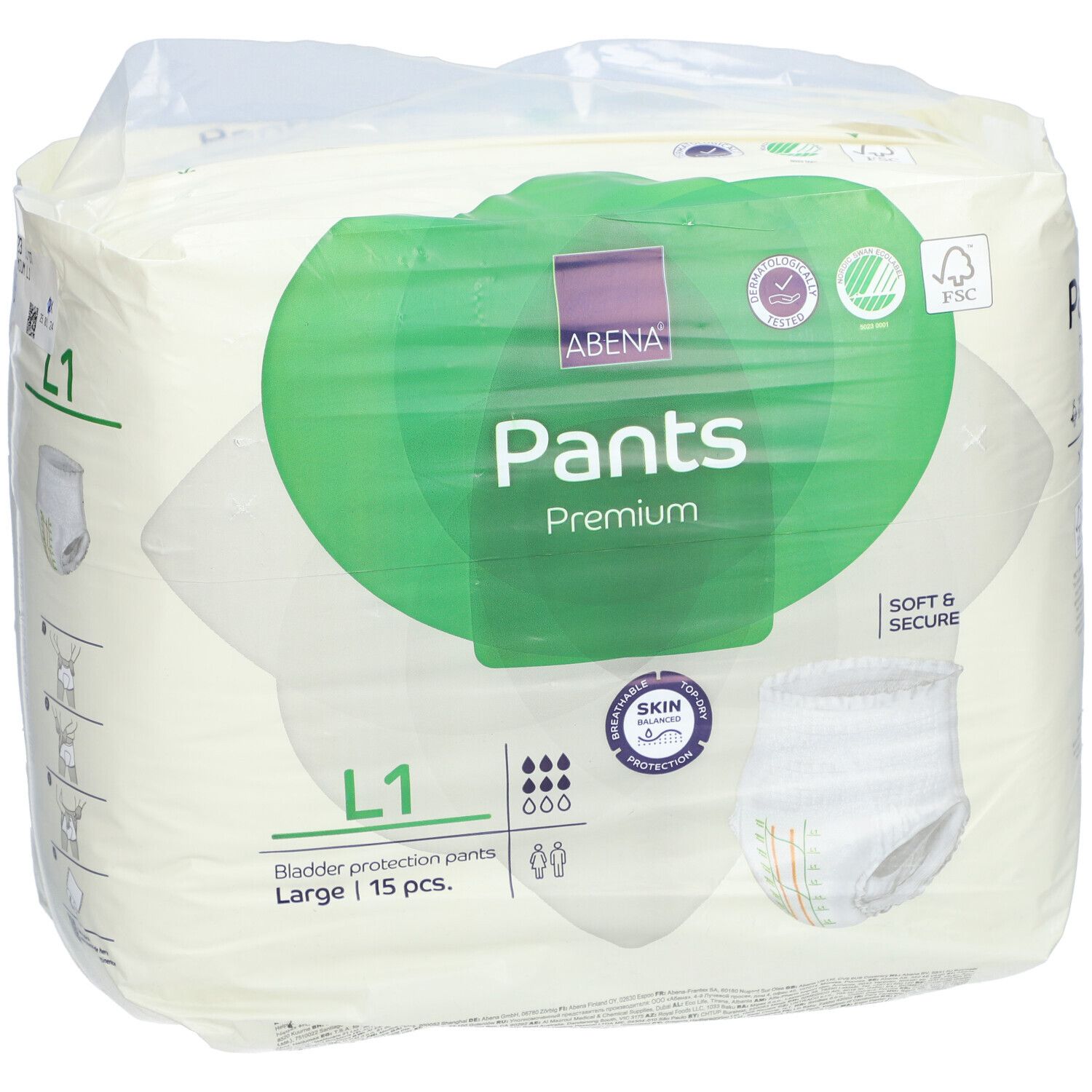 Verpackung Abena Pants Premium. L1, 15 Stück. FSC-Zertifizierung. Weich & sicher. Skin Protection.