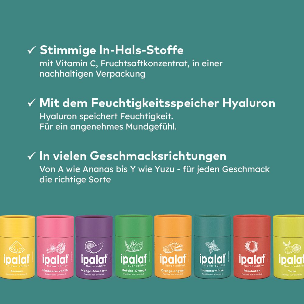 Verschiedene Geschmacksrichtungen von ipalat® Pastillen in zylindrischen Verpackungen. Text: Inhaltsstoffe, Hyaluron, Geschmacksrichtungen.