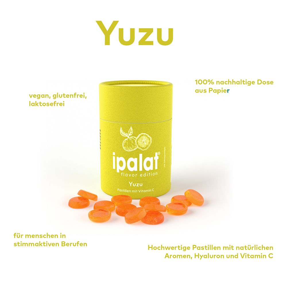 Gelbe Dose mit "ipalat flavor edition Yuzu". Daneben orangefarbene Pastillen. Text: vegan, glutenfrei, laktosefrei.