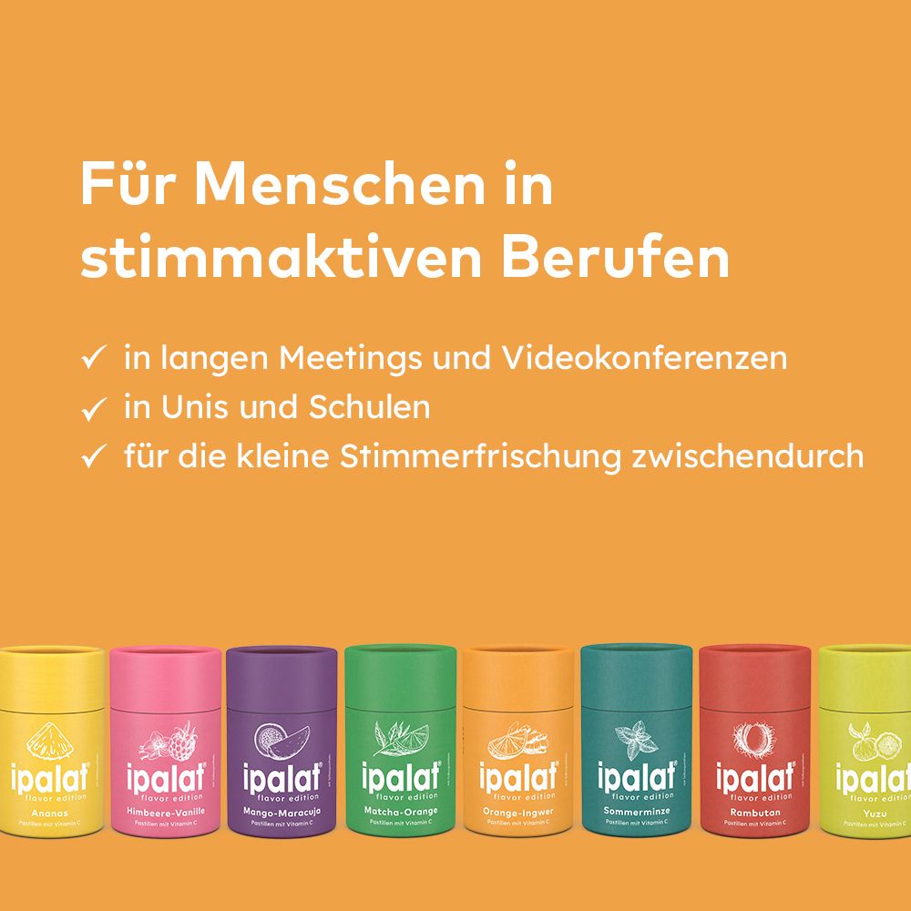 Mehrere Dosen "ipalat" in verschiedenen Farben. Text: Für Menschen in stimmaktiven Berufen.