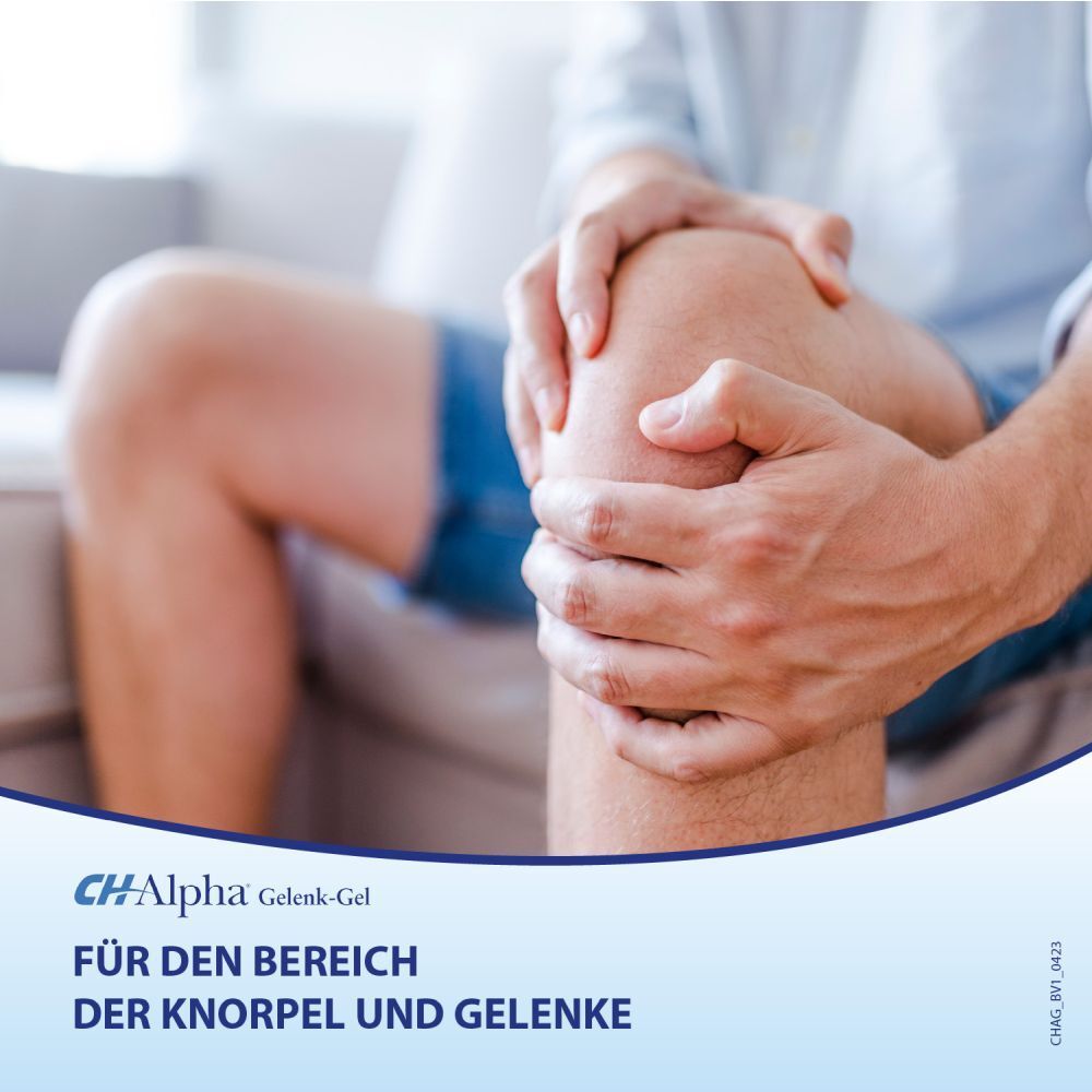 Person berührt Knie. Text: Für den Bereich der Knorpel und Gelenke. CH-Alpha Gelenk-Gel Logo.