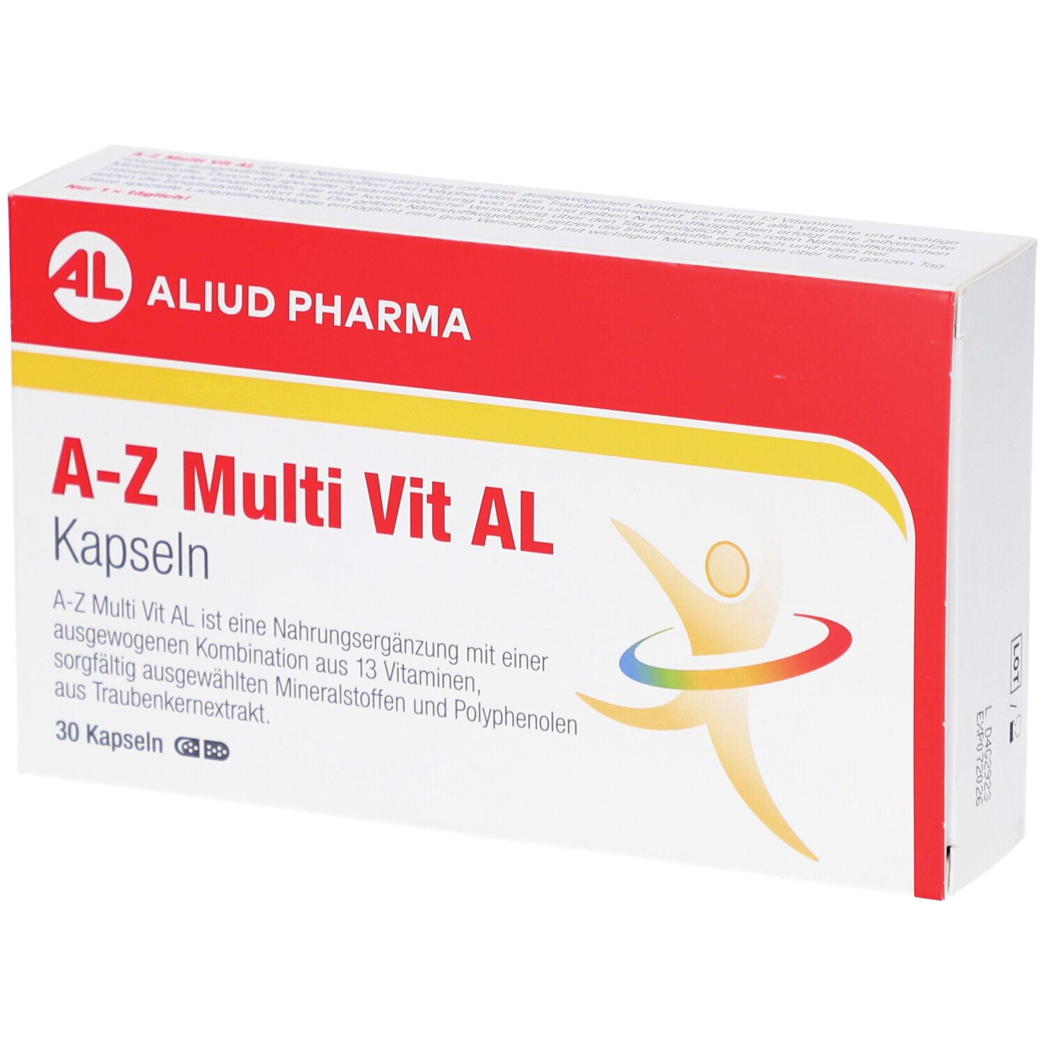 Verpackung von A-Z Multi Vit AL Kapseln. Rote und weiße Schachtel mit Produktnamen und Logo. 30 Kapseln.