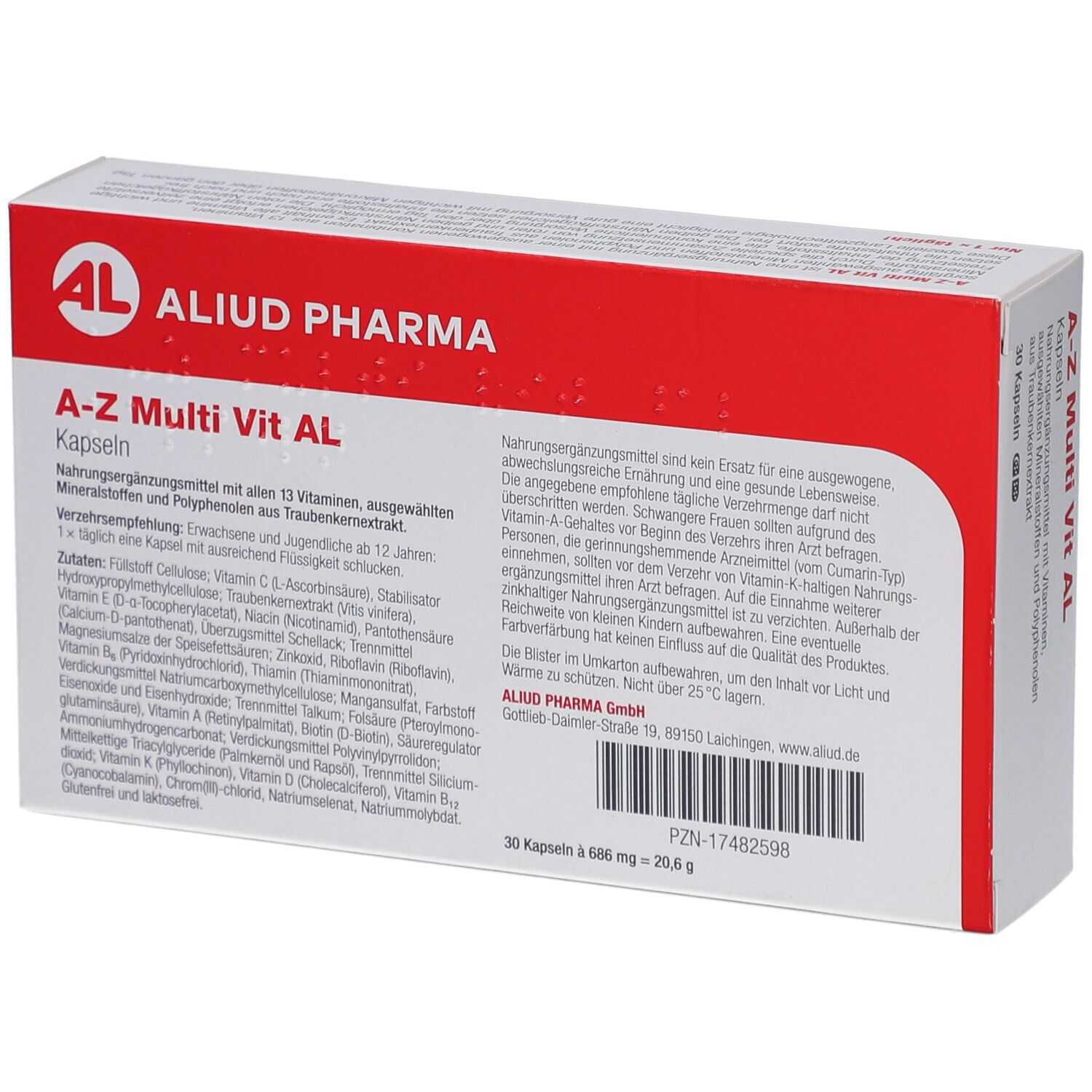 Rückseite der A-Z Multi Vit AL Kapseln Verpackung. Enthält Produktinformationen und Inhaltsstoffe. 30 Kapseln.