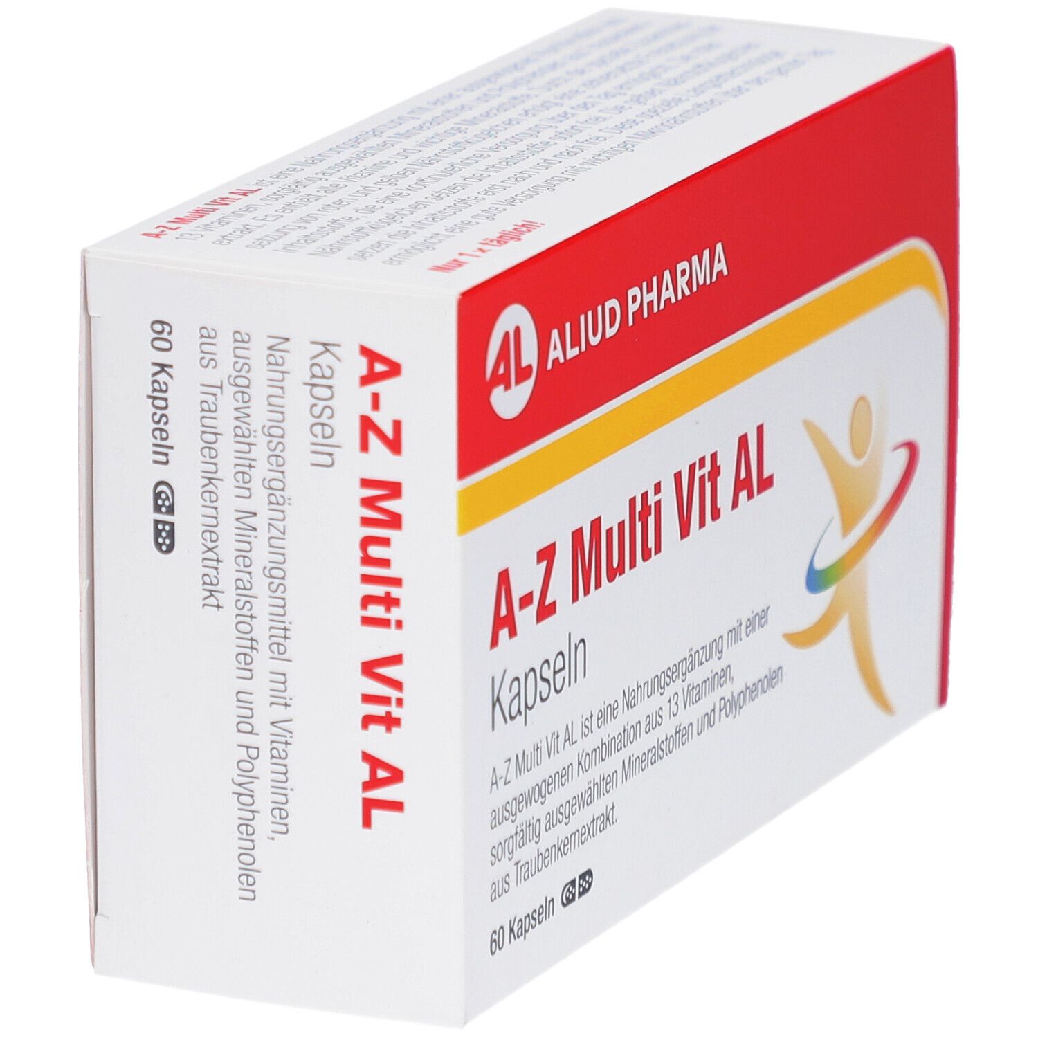 Schachtel "A-Z Multi Vit AL Kapseln". Logo "AL ALIUD PHARMA". 60 Kapseln. Text: Nahrungsergänzungsmittel mit Vitaminen, Mineralstoffen und Polyphenolen.