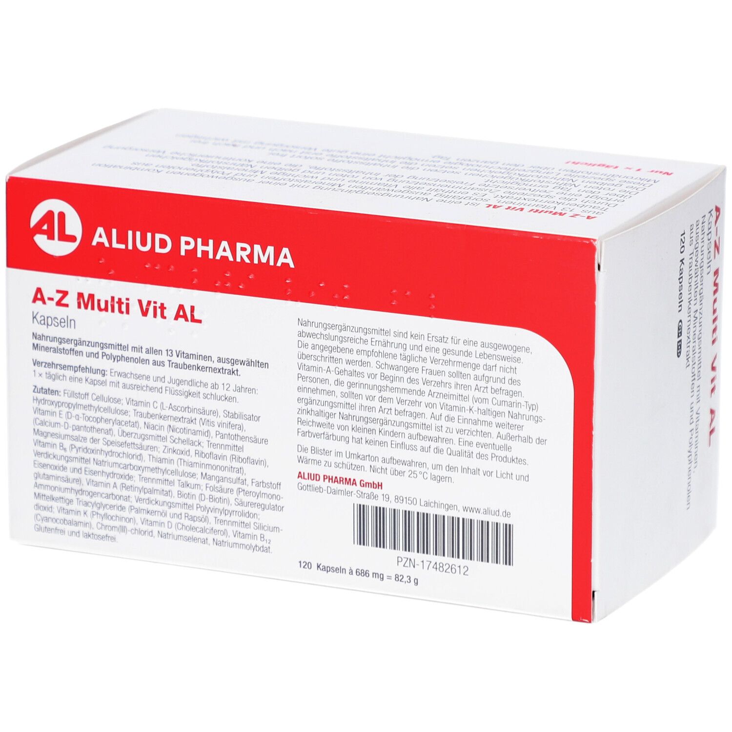 Weiß-rote Schachtel mit Aufschrift A-Z Multi Vit AL Kapseln. Marke AL, 120 Kapseln. Text auf der Rückseite.