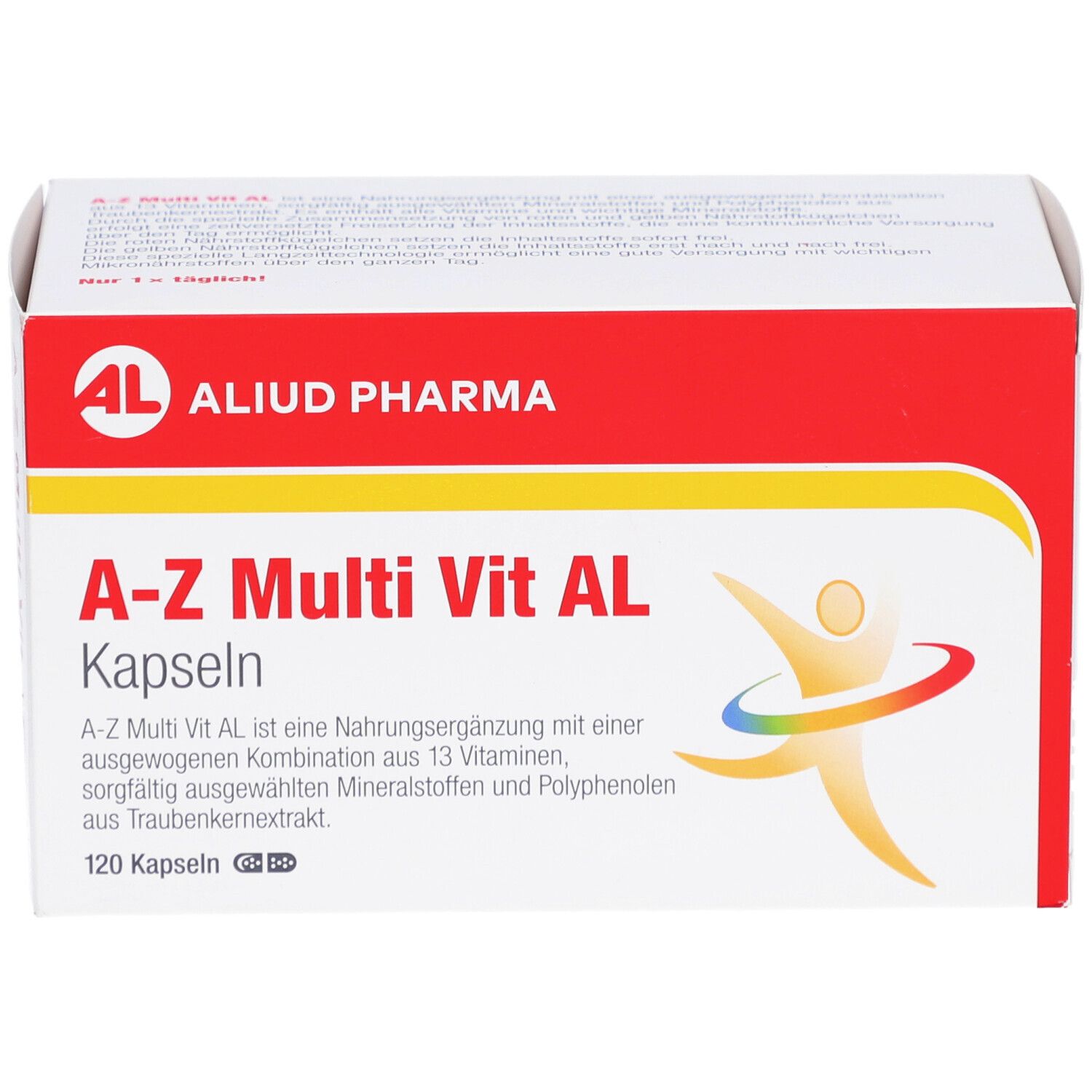 Weiß-rote Schachtel mit Aufschrift A-Z Multi Vit AL Kapseln. Marke AL, 120 Kapseln. Abbildung einer Person.