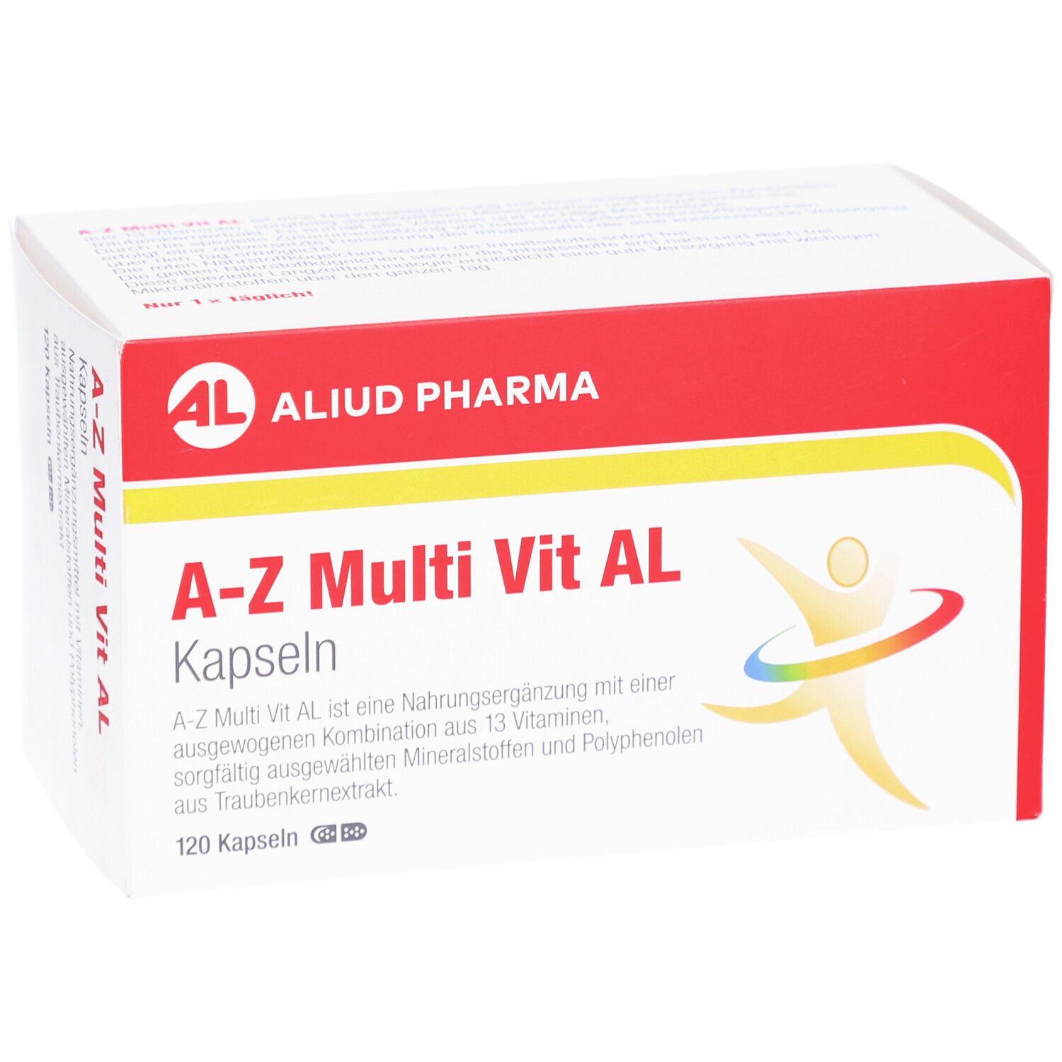 Weiß-rote Schachtel mit Aufschrift A-Z Multi Vit AL Kapseln. Marke AL, 120 Kapseln. Abbildung einer Person.