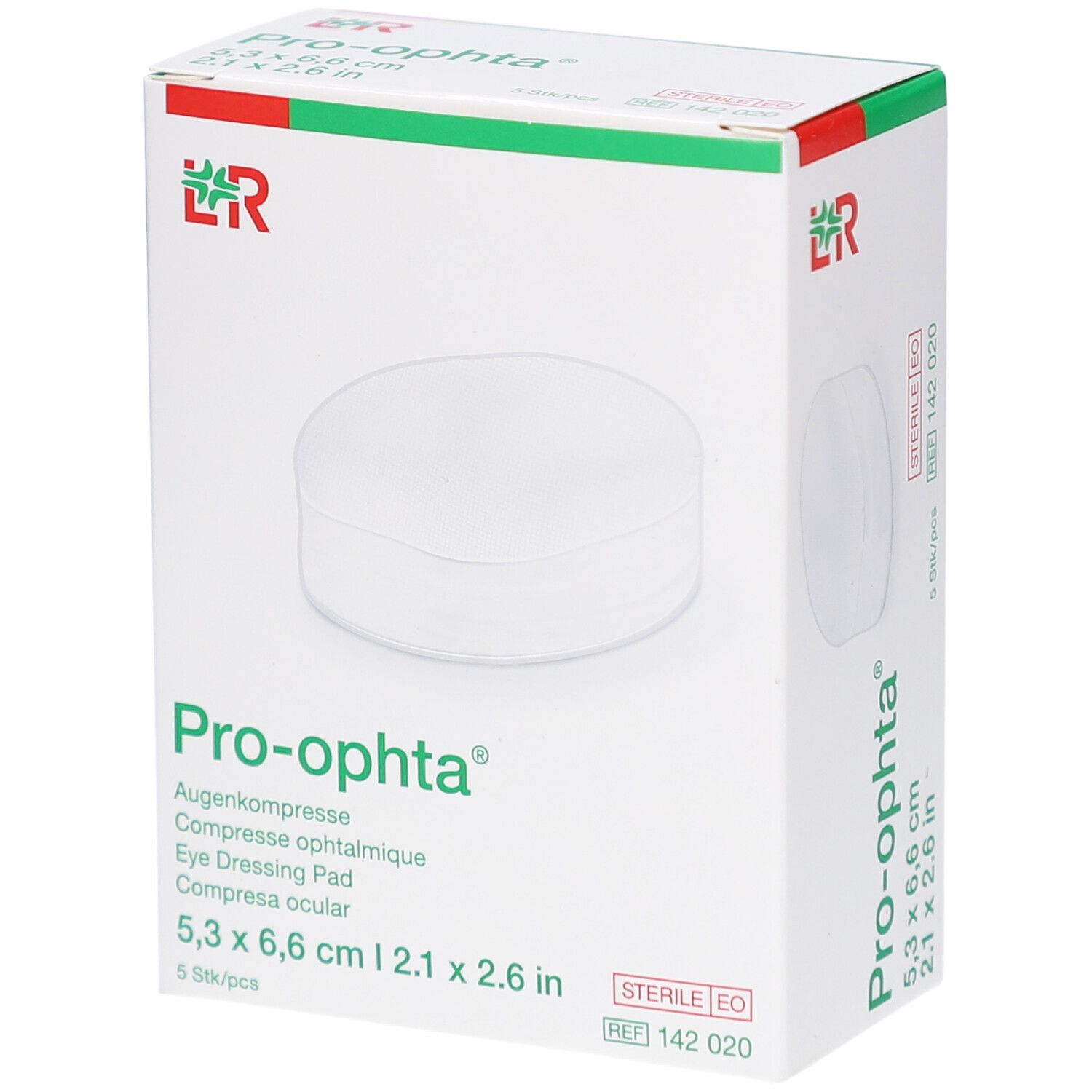 Verpackung von Pro-ophta Augenkompresse. Weißer Karton mit grünen und roten Akzenten. Produktname und Maße sind sichtbar.