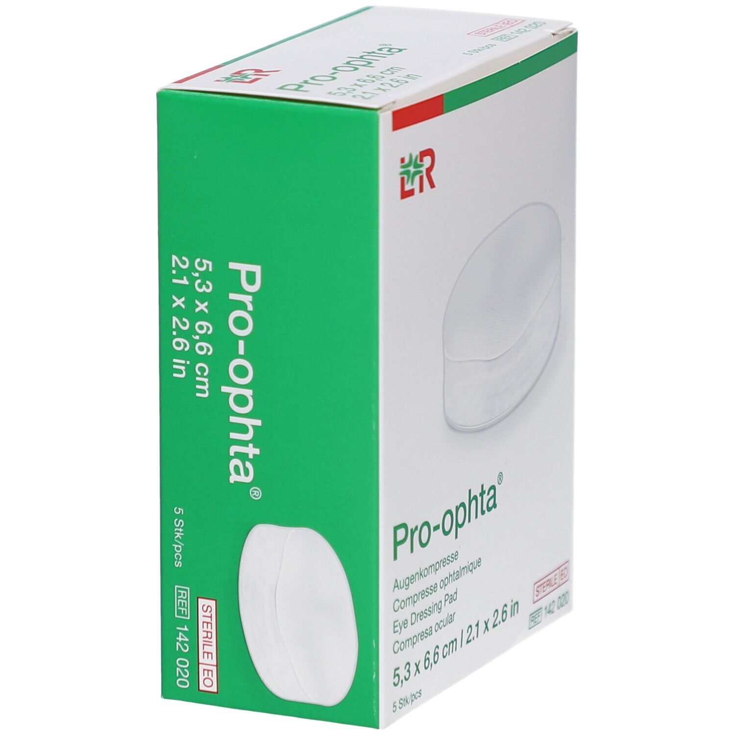 Pro-ophta Augenkompressen-Verpackung. Weißer Karton mit grünen Akzenten. Produktname, Maße und Kompressen abgebildet.