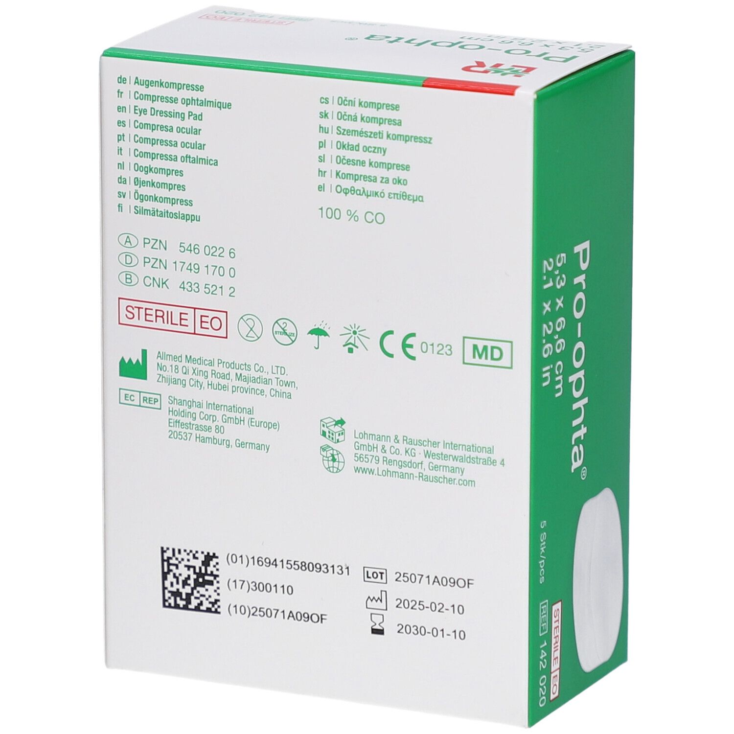 Rückseite der Pro-ophta Augenkompressen-Verpackung. Text in mehreren Sprachen, Herstellerinformationen und Chargennummern.