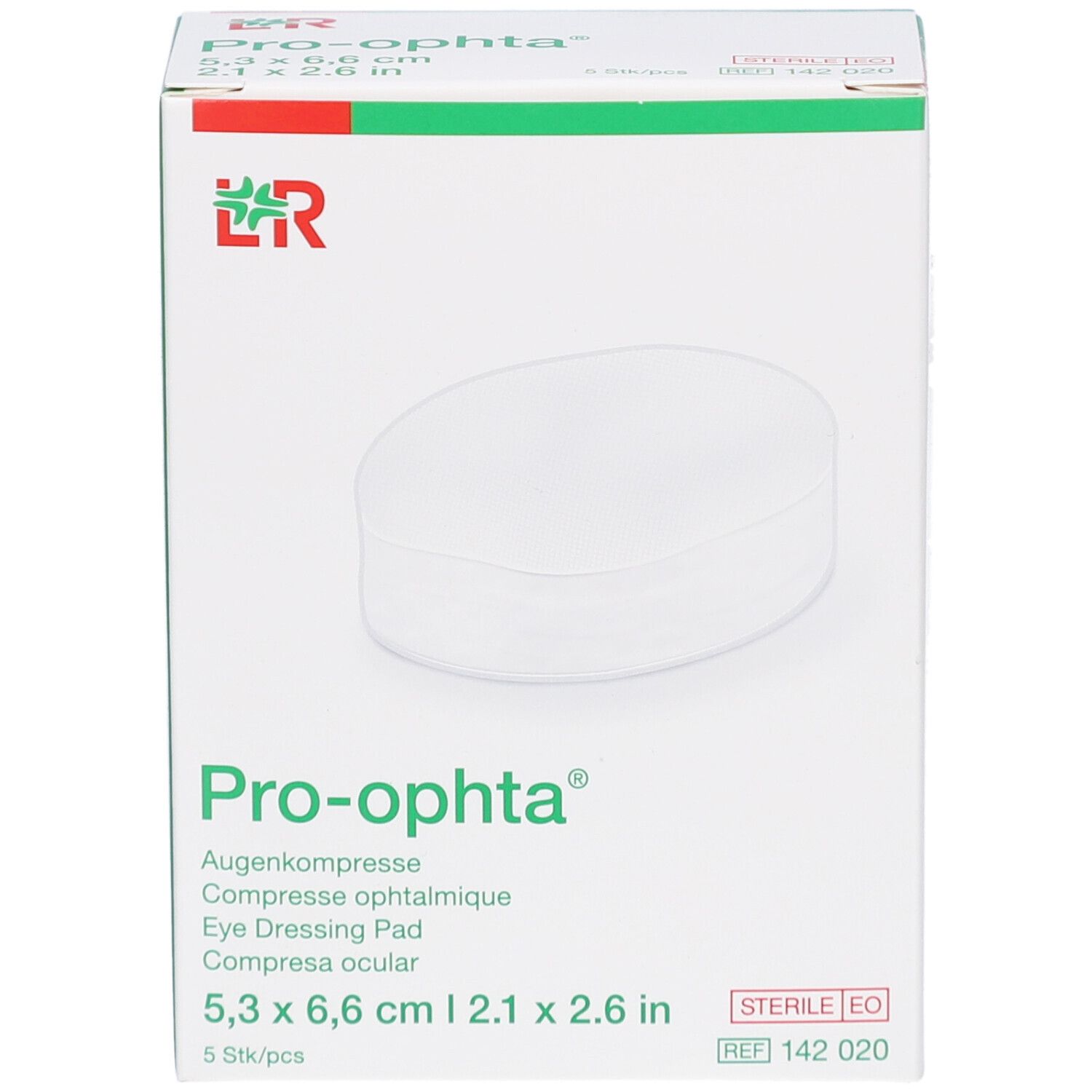 Pro-ophta Augenkompressen-Verpackung. Weißer Karton mit grünen und roten Akzenten. Produktname und Maße sind sichtbar.
