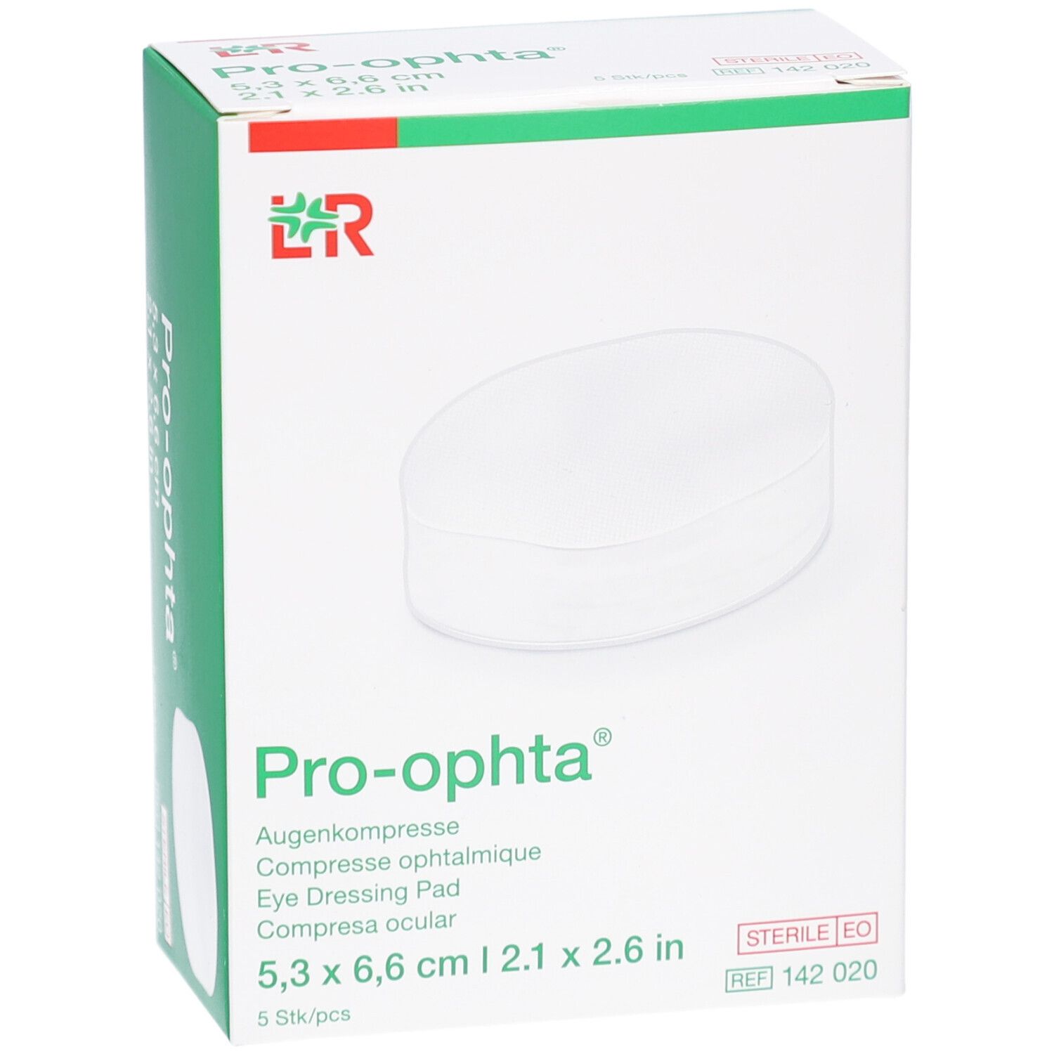 Pro-ophta Augenkompressen-Verpackung. Weißer Karton mit grünen und roten Akzenten. Produktname und Maße sind sichtbar.