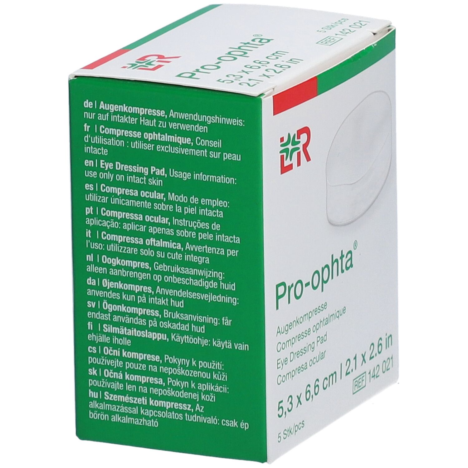 Verpackung mit Augenkompressen. Größe: 5,3 x 6,6 cm. 5 Stück. Marke: Pro-ophta. Text in mehreren Sprachen. CE-Kennzeichnung.