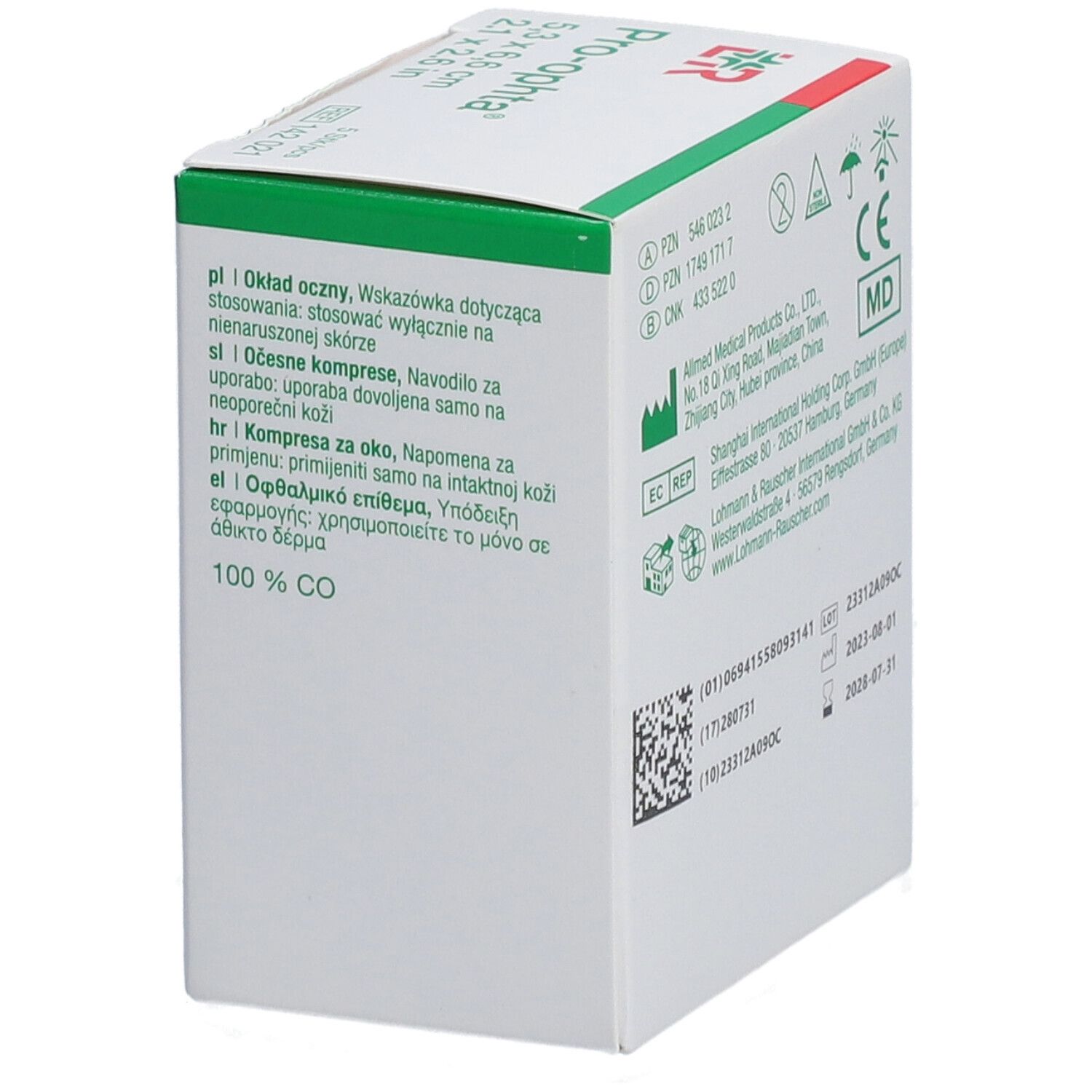 Seite der Verpackung mit Augenkompressen. Text in mehreren Sprachen. CE-Kennzeichnung. Herstellerinformationen.