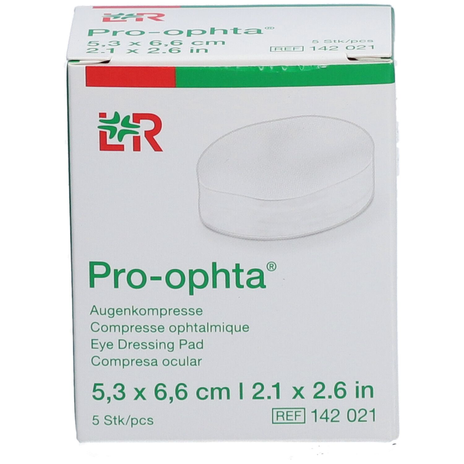 Verpackung mit Augenkompressen. Größe: 5,3 x 6,6 cm. 5 Stück. Marke: Pro-ophta. Aufdruck: Augenkompresse, Eye Dressing Pad.