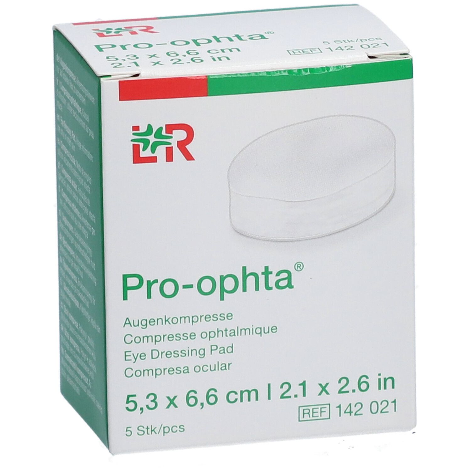 Verpackung mit Augenkompressen. Größe: 5,3 x 6,6 cm. 5 Stück. Marke: Pro-ophta. Aufdruck: Augenkompresse, Eye Dressing Pad.