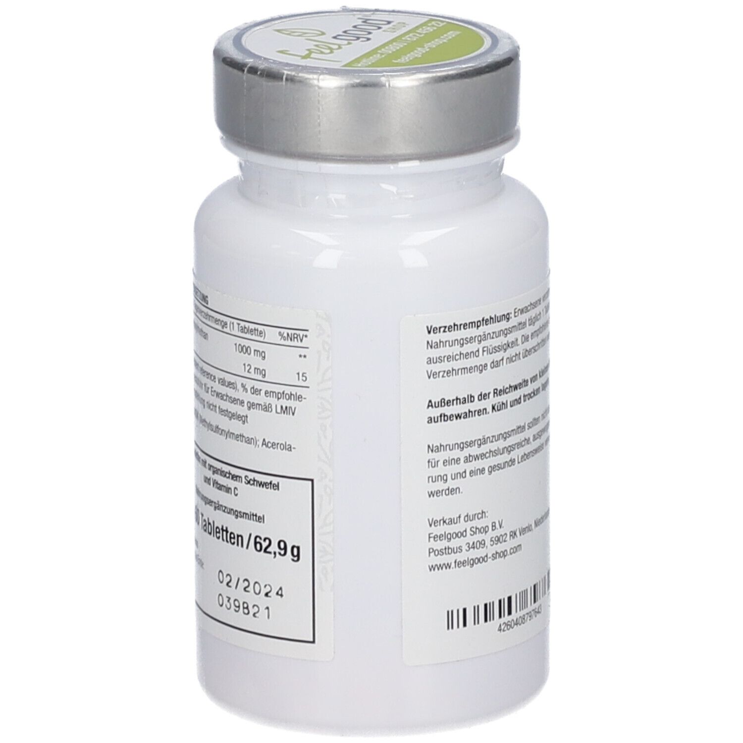 Weiße Flasche mit silbernem Deckel. Etikett mit MSM 1000, Vitamin C+. vitactiv Logo. Rückseite mit Text.