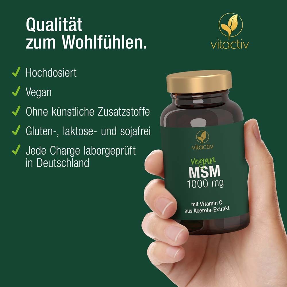 Hand hält Flasche mit Tabletten. Text: Hochdosiert, Vegan, ohne Zusatzstoffe, glutenfrei. vitactiv Logo.