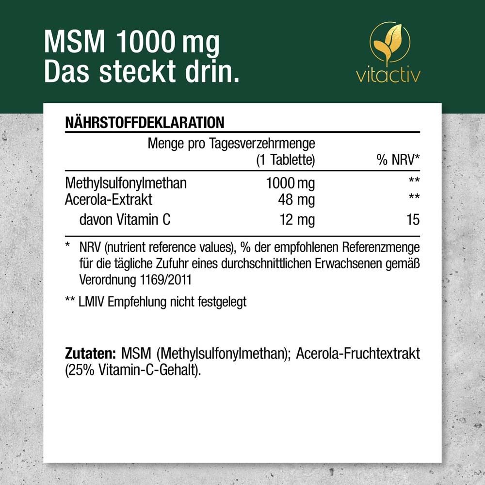 Nährwertdeklaration. Text: MSM 1000 mg, Acerola-Extrakt, Vitamin C. Zutaten: MSM, Acerola-Fruchtextrakt.