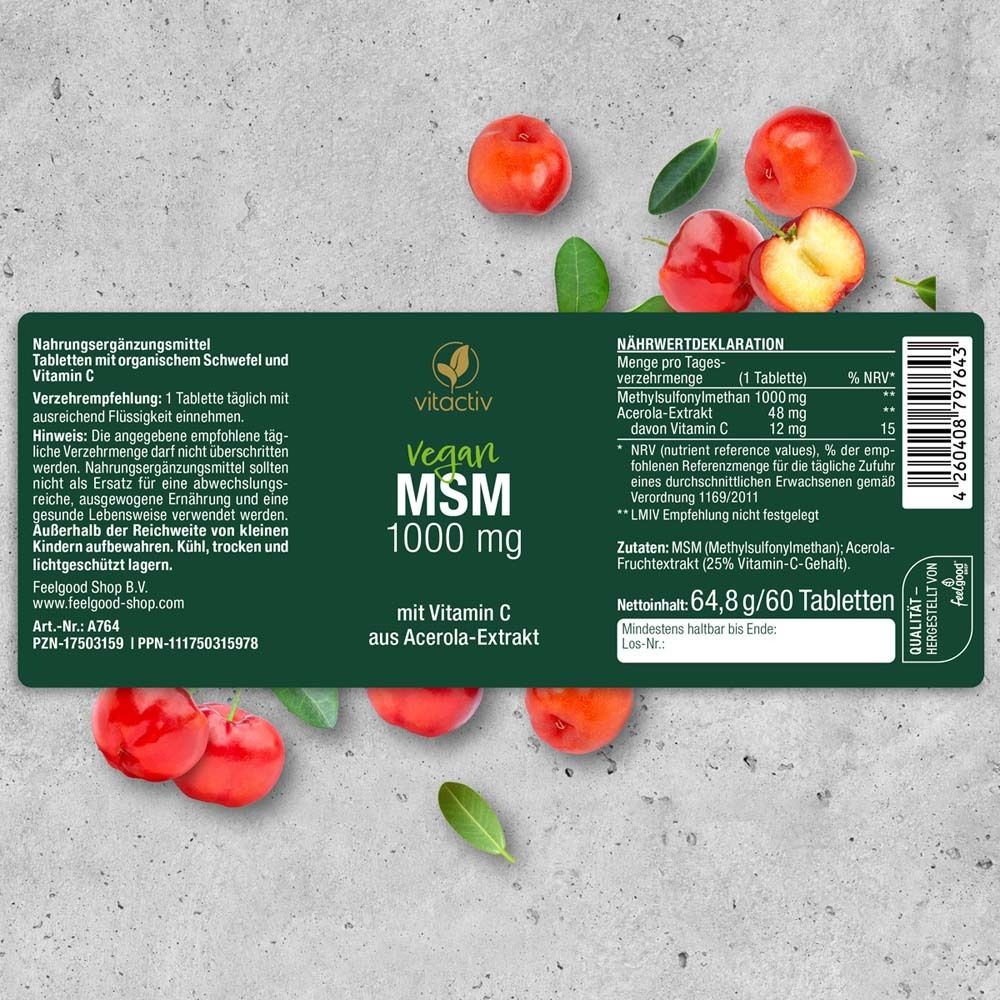 Etikett mit Produktinformationen. Text: Vegan MSM 1000 mg mit Vitamin C aus Acerola-Extrakt. Zutaten, Nährwerte.