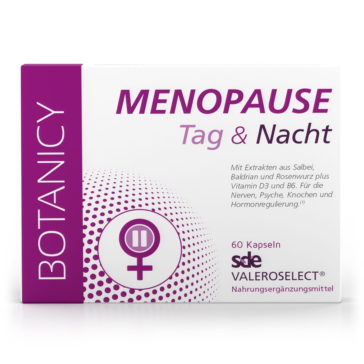 Weißer Karton mit lila Akzenten. Aufschrift: MENOPAUSE Tag & Nacht. Enthält 60 Kapseln. Marke: sde VALEROSELECT®.