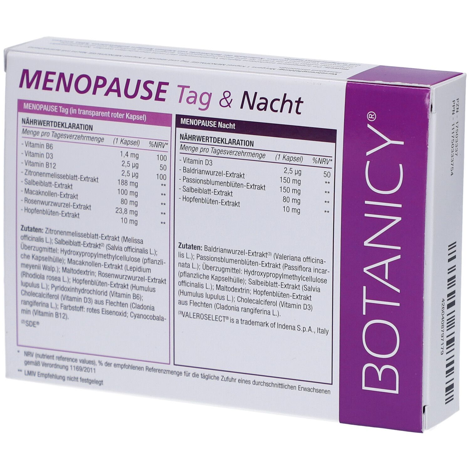 Produktverpackung, Rückseite. Enthält Nährwertdeklaration und Inhaltsstoffe. Marke: VALEROSELECT®.