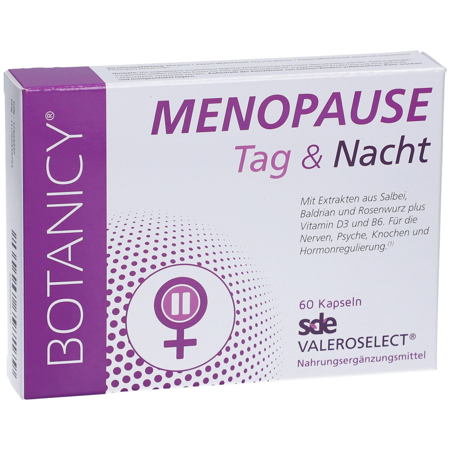 Produktverpackung: Weißer Karton mit lila Akzenten. Aufschrift: MENOPAUSE Tag & Nacht. Enthält 60 Kapseln. Marke: sde VALEROSELECT®.