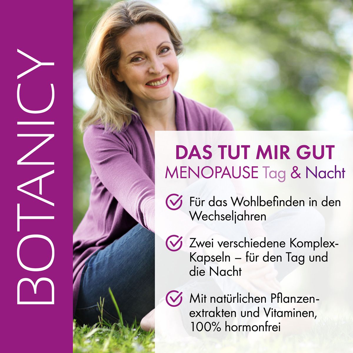 Frau im Freien, lächelnd. Text auf lila Hintergrund: MENOPAUSE Tag & Nacht. Informationen zu Kapseln und Inhaltsstoffen.