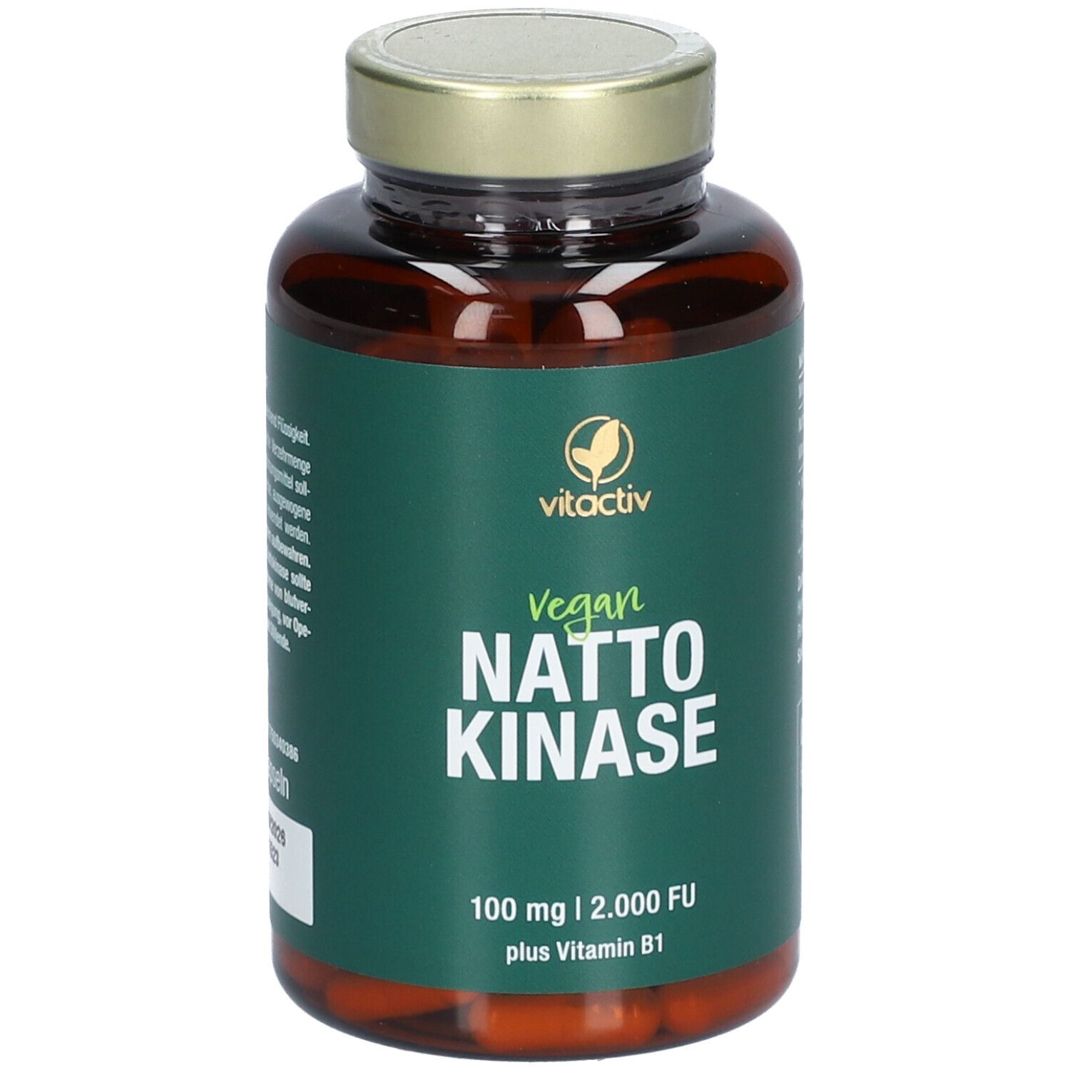 Braune Glasflasche mit goldfarbenem Deckel. Etikett mit "vitactiv Vegan Nattokinase" und Inhaltsangaben. Grün-weißes Design.