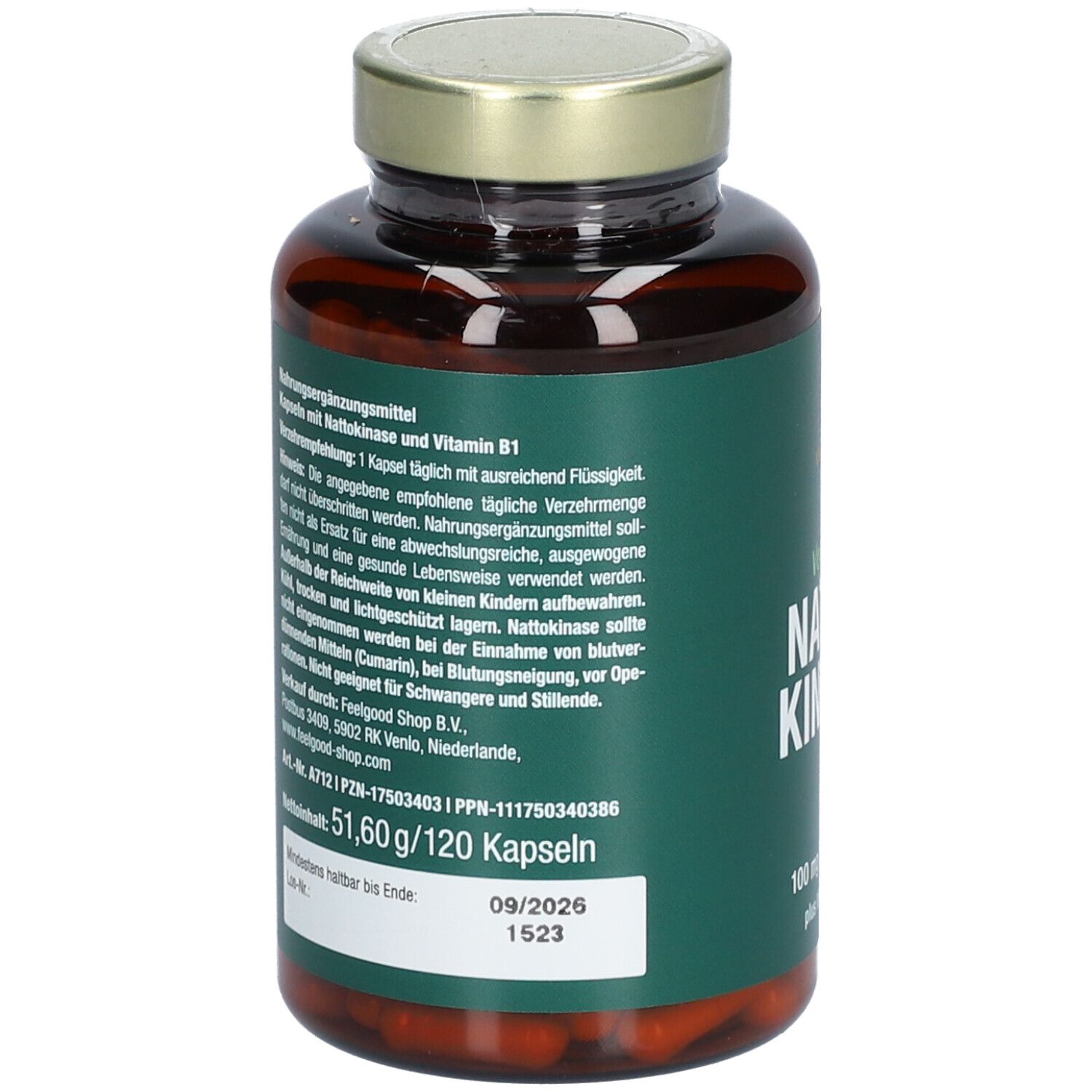 Braune Glasflasche mit goldfarbenem Deckel. Rückseite mit Text und Etikett. Grün-weißes Design. Mindesthaltbarkeitsdatum.