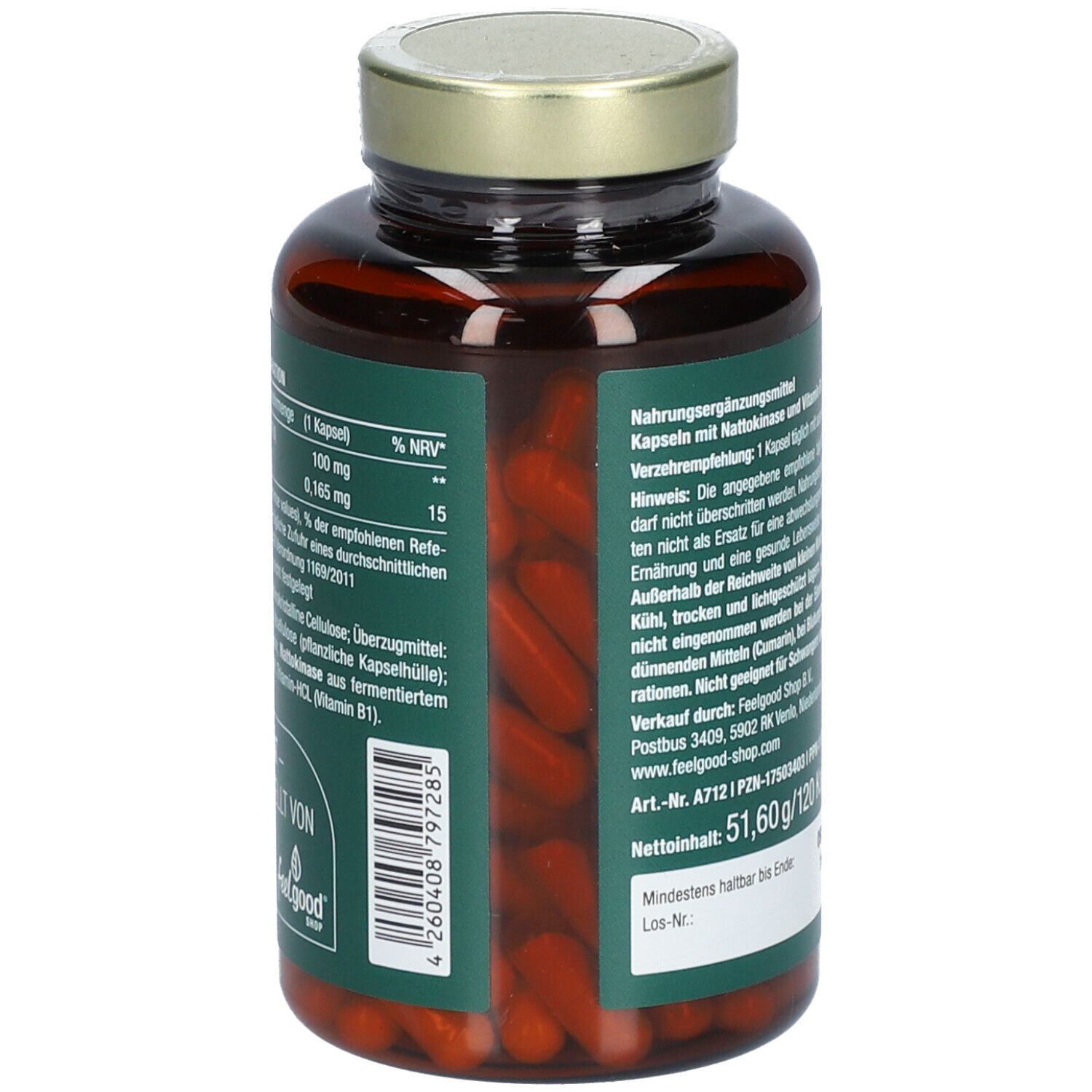 Braune Glasflasche mit goldfarbenem Deckel. Rückseite mit Text und Etikett. Grün-weißes Design. Nährwertdeklaration.