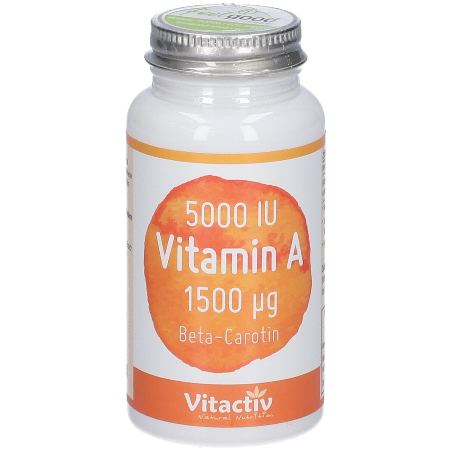 Rückseite einer weißen Flasche mit Schraubverschluss. Enthält Informationen zu Vitamin A 1500 µg und Beta-Carotin.