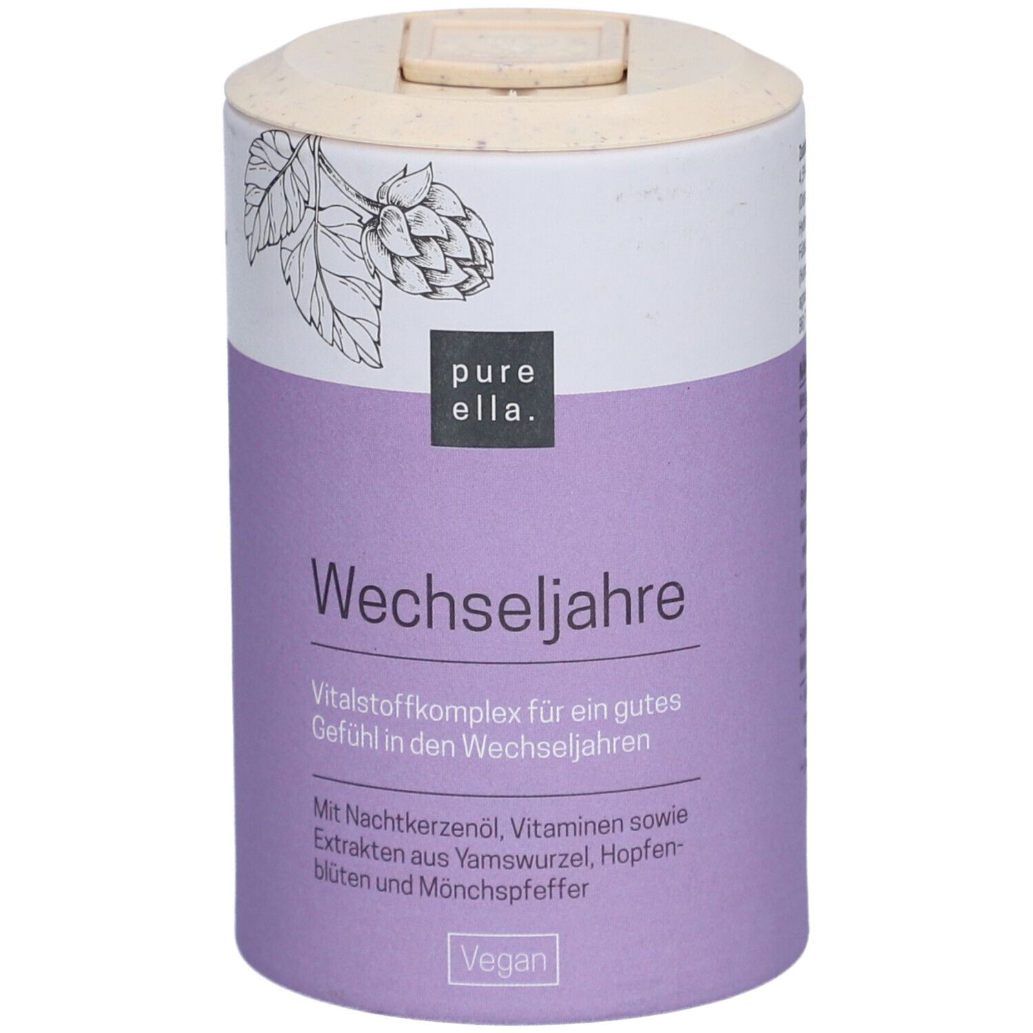 Zylindrische Dose mit lila Etikett. Text: Wechseljahre. Marke: pure ella. Vegan-Siegel. Deckel aus Naturmaterial.